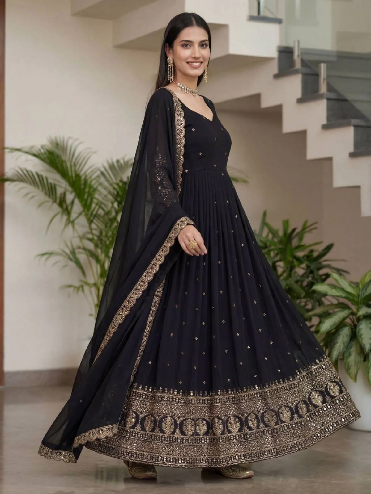 Odette Black Georgette Solid Stitched Kurta Set For Women - Image 2
