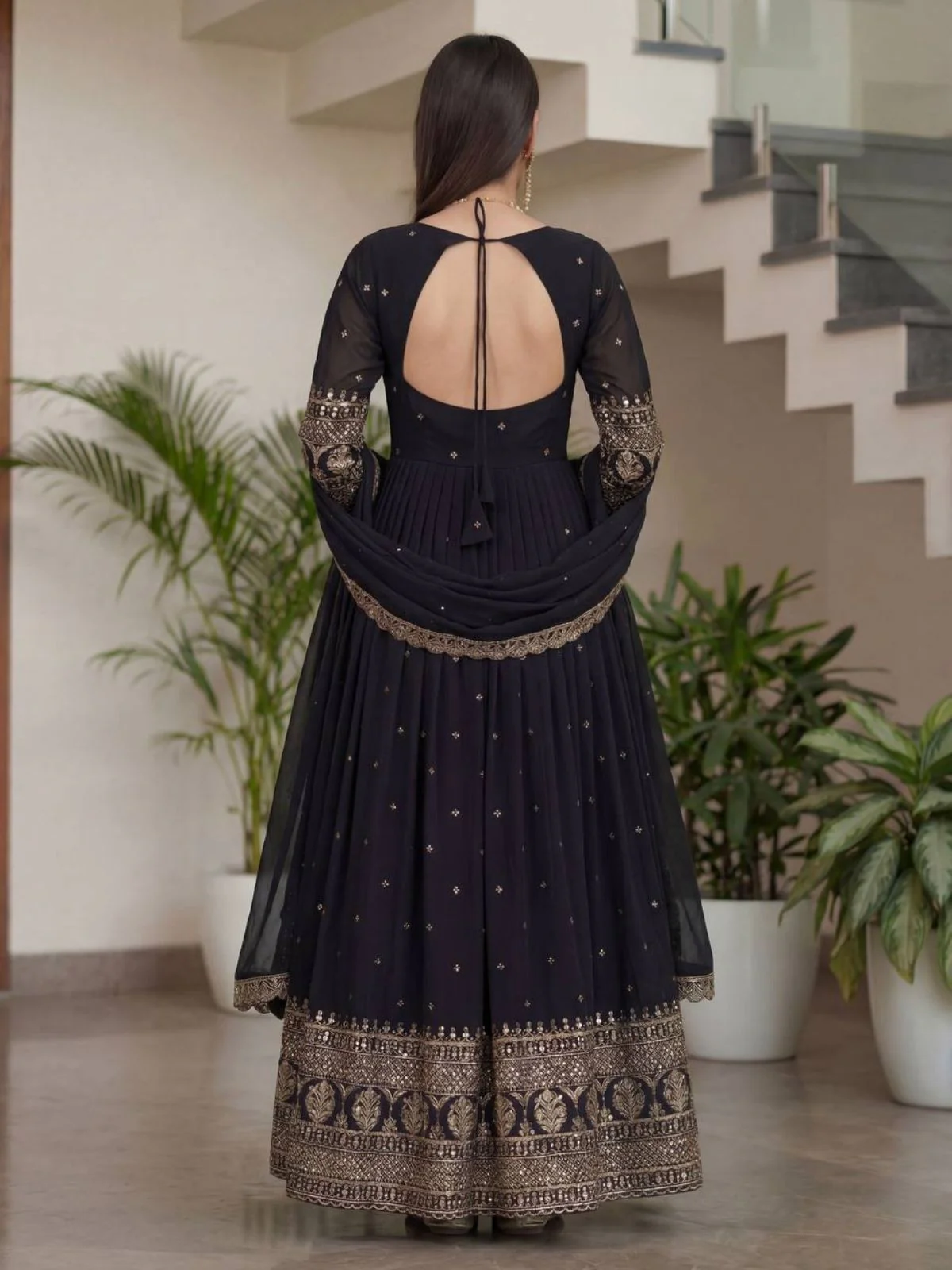 Odette Black Georgette Solid Stitched Kurta Set For Women - Image 3