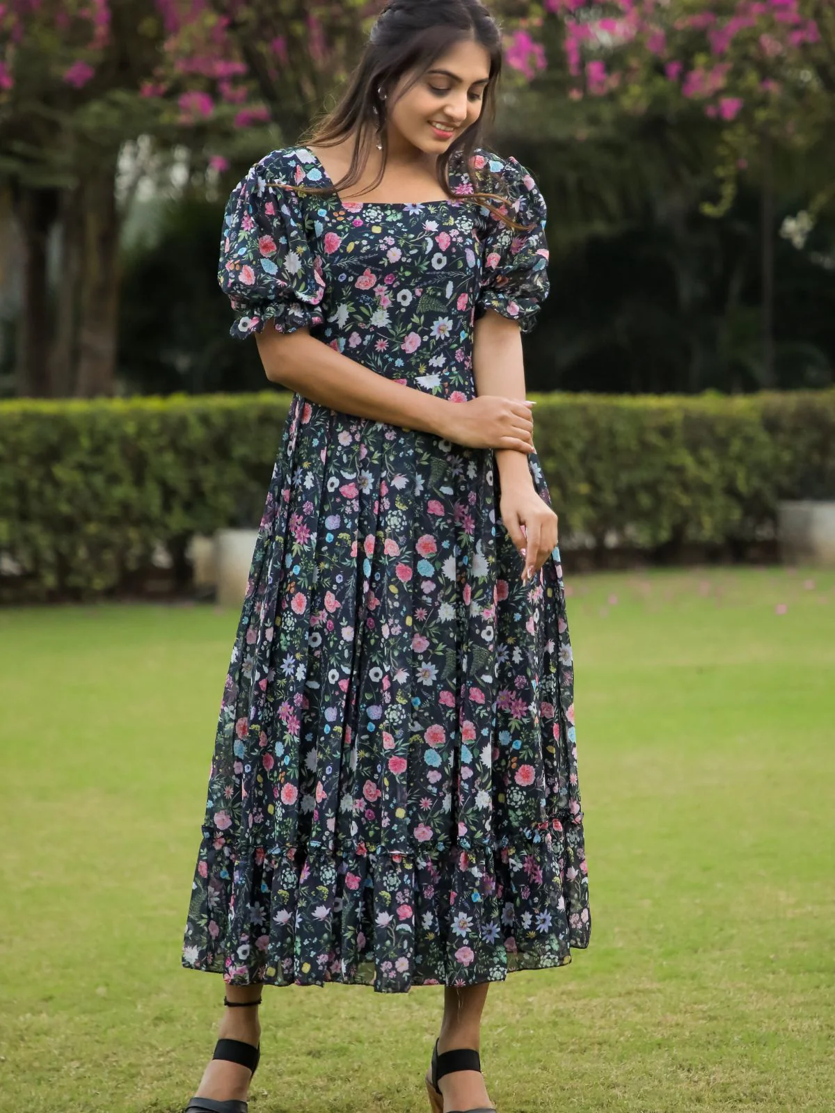 Odette Black Georgette Stitched Floral Printed Indo Western Dress For Women - Image 2