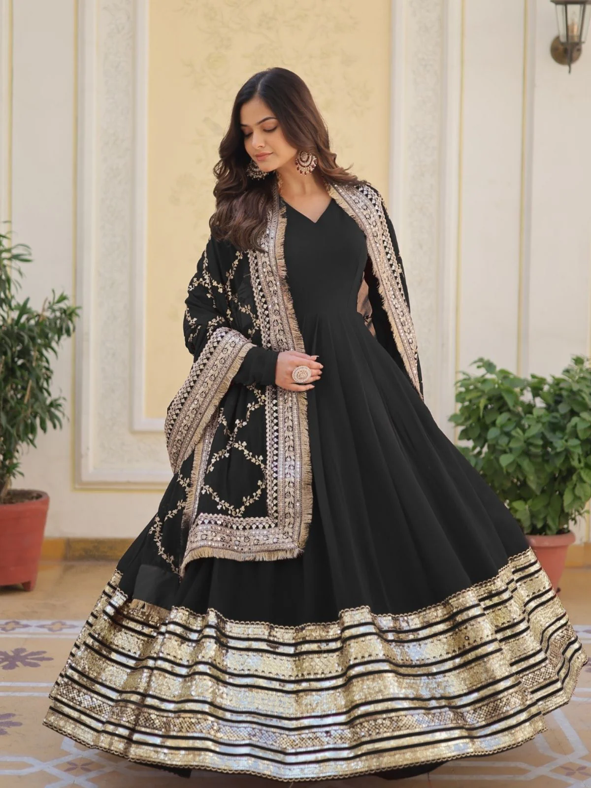 Odette Black Georgette Stitched Gown With Dupatta For Women - Image 2
