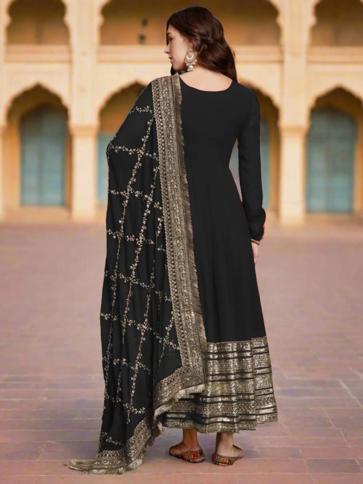 Odette Black Georgette Stitched Gown With Dupatta For Women - Image 4