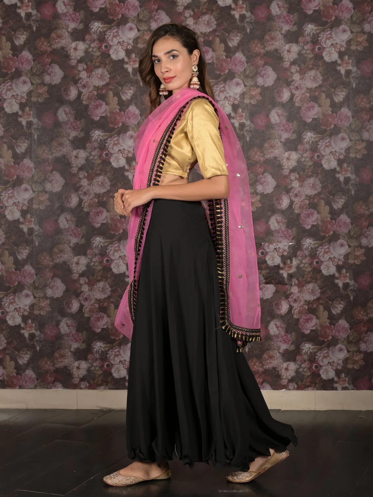 Odette Black Georgette Stitched Lehenga with Embroidered Unstitched Blouse for Women - Image 3