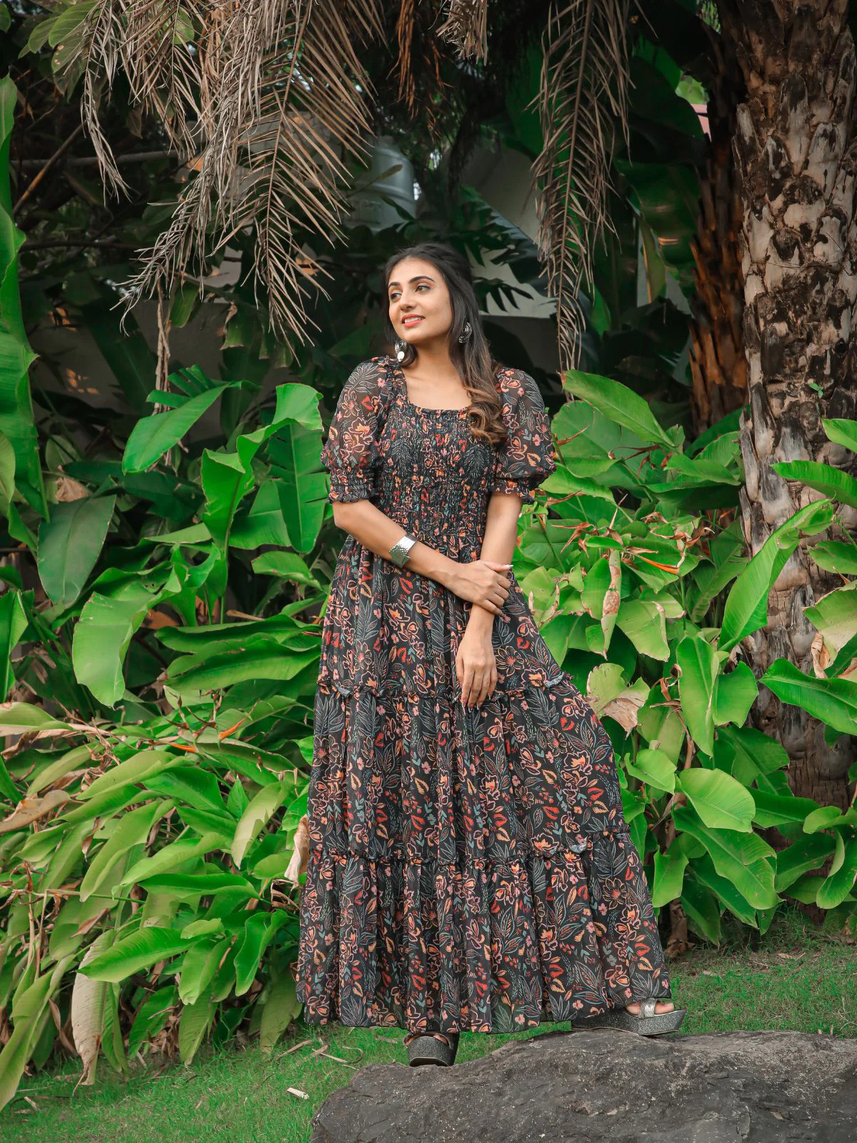 Odette Black Georgette Stitched Printed Indo Western Dress For Women - Image 2