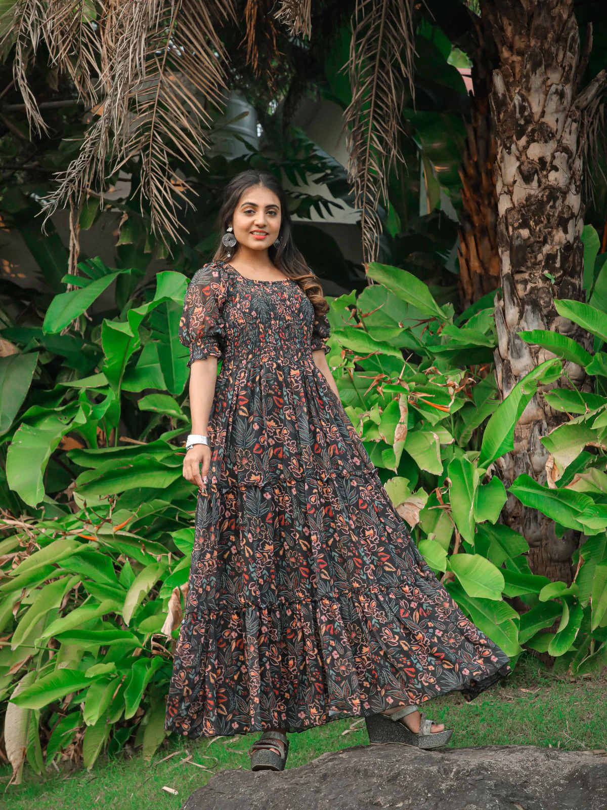 Odette Black Georgette Stitched Printed Indo Western Dress For Women - Image 4