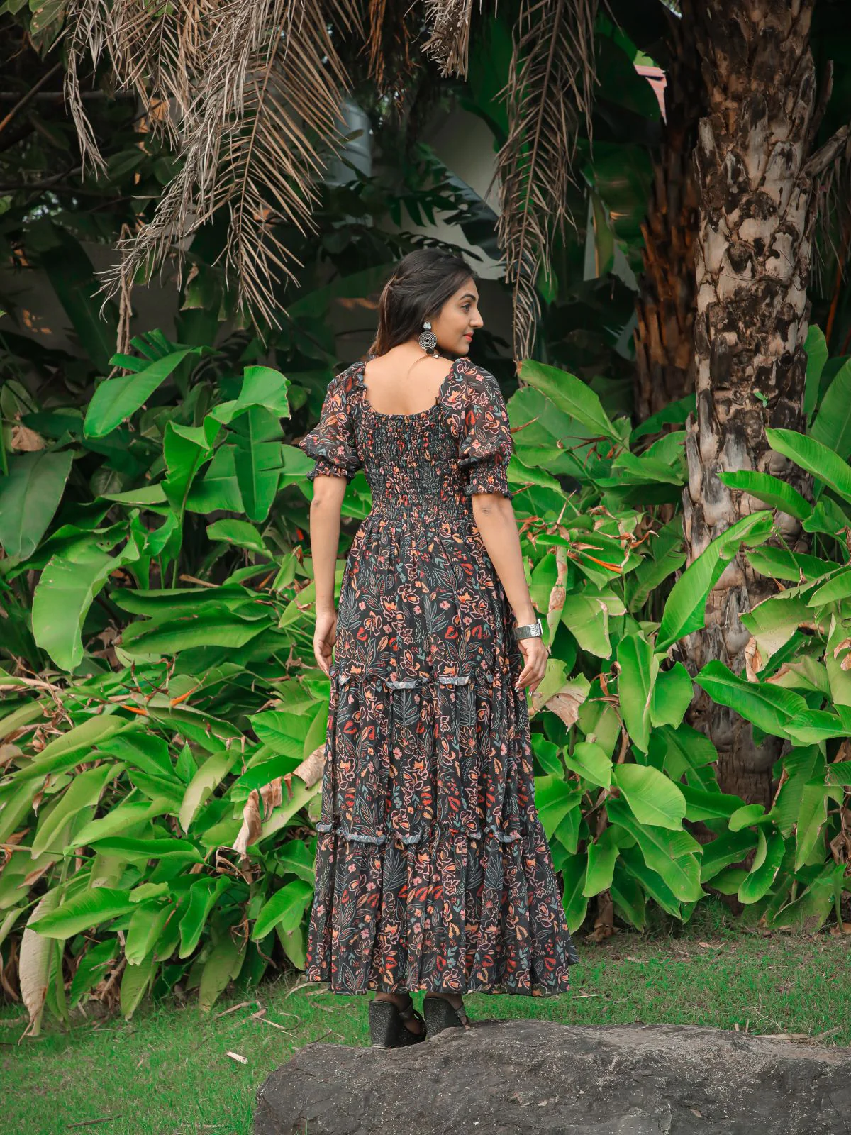 Odette Black Georgette Stitched Printed Indo Western Dress For Women - Image 5