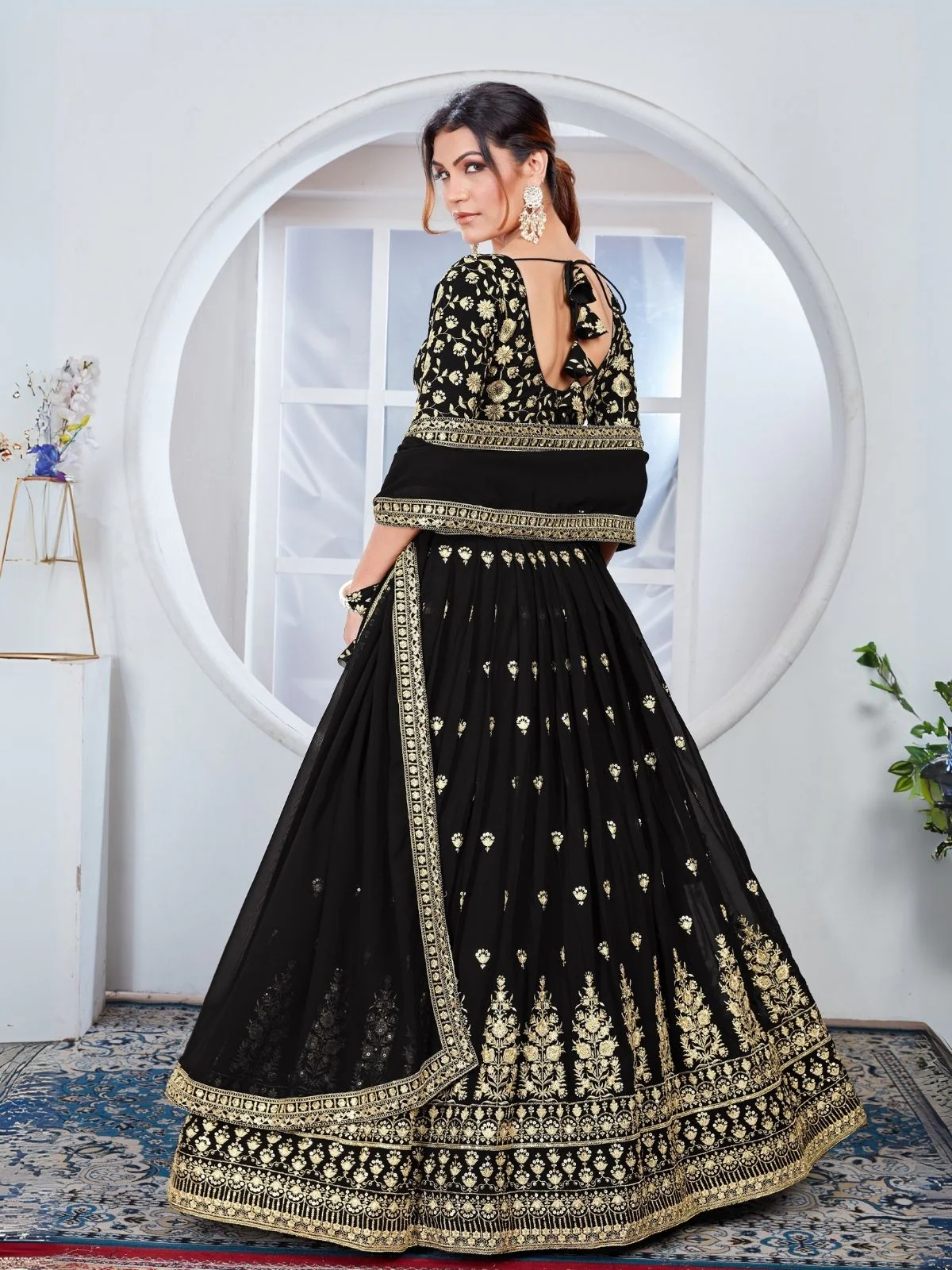 Odette Black Georgette Thread & Sequins Embroidered Semi-Stitched Lehenga For Women - Image 2