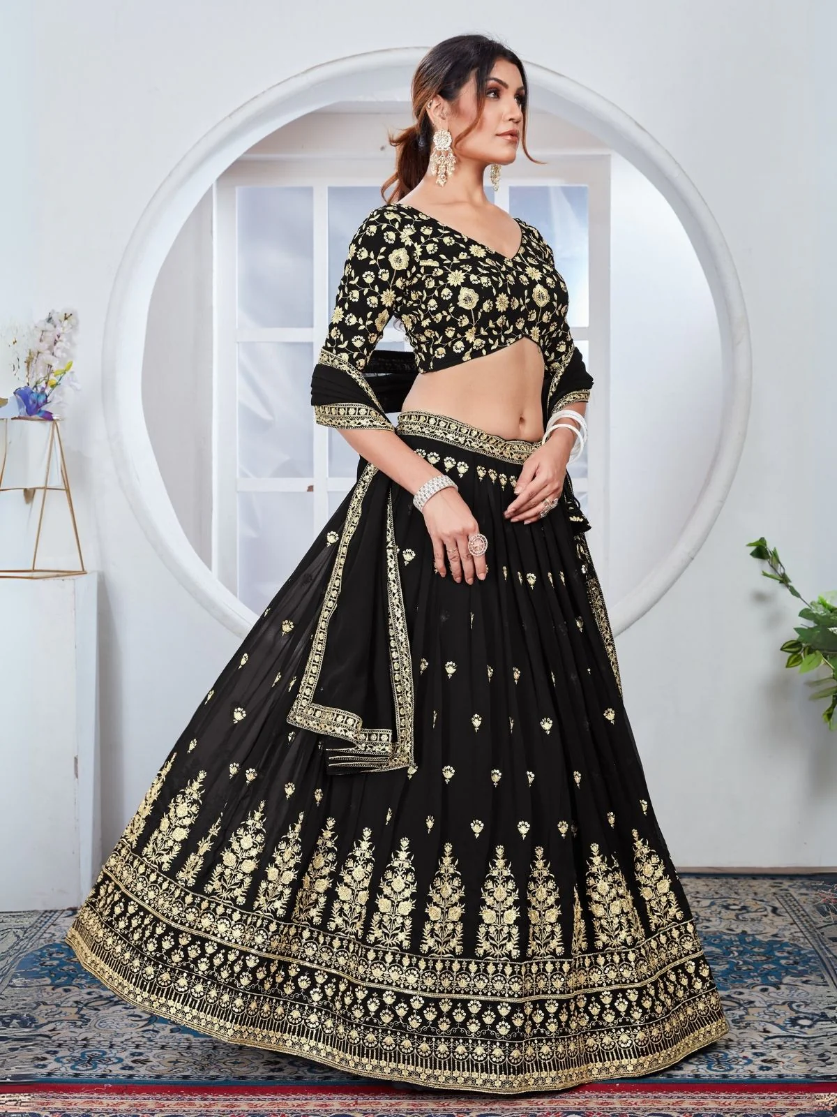 Odette Black Georgette Thread & Sequins Embroidered Semi-Stitched Lehenga For Women - Image 3