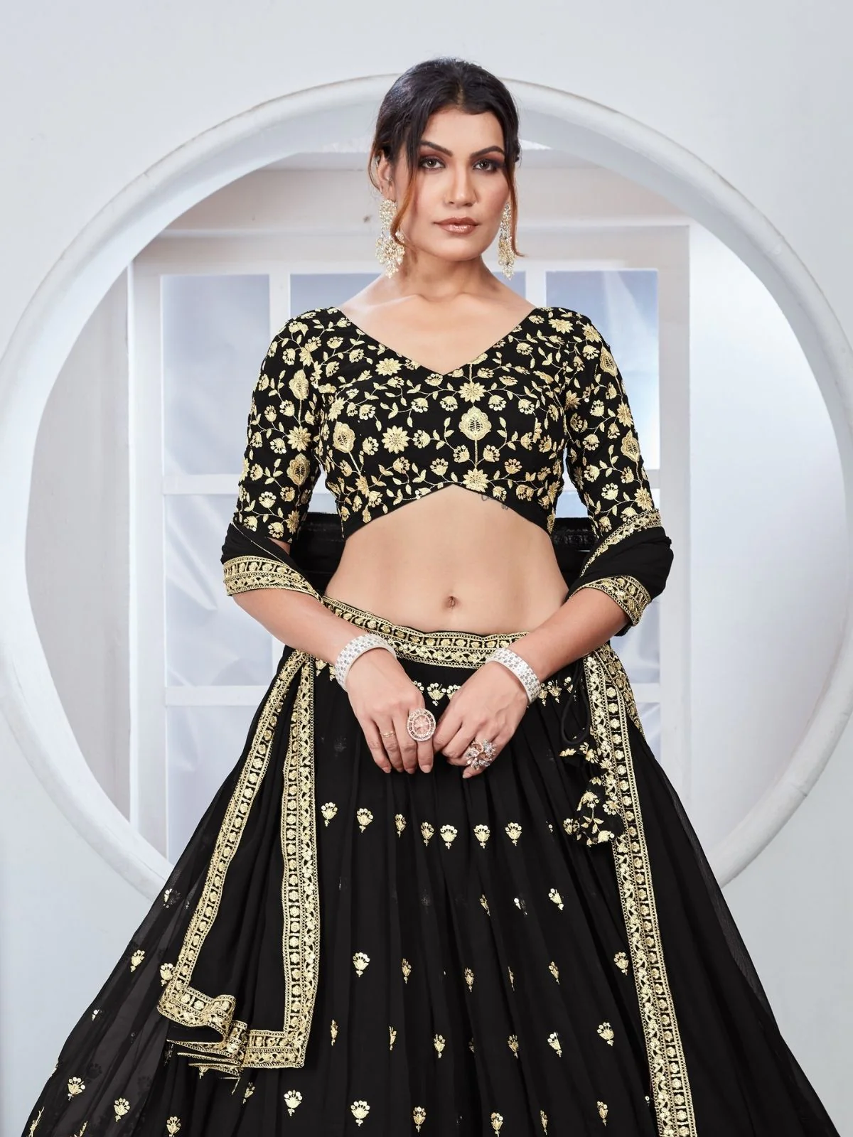 Odette Black Georgette Thread & Sequins Embroidered Semi-Stitched Lehenga For Women - Image 4