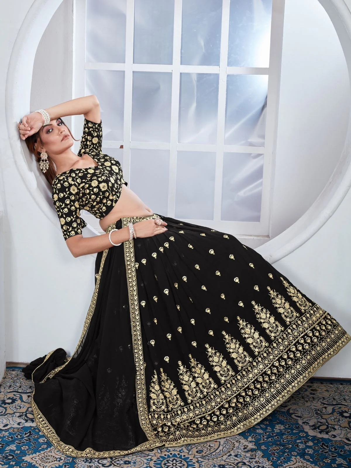 Odette Black Georgette Thread & Sequins Embroidered Semi-Stitched Lehenga For Women - Image 7