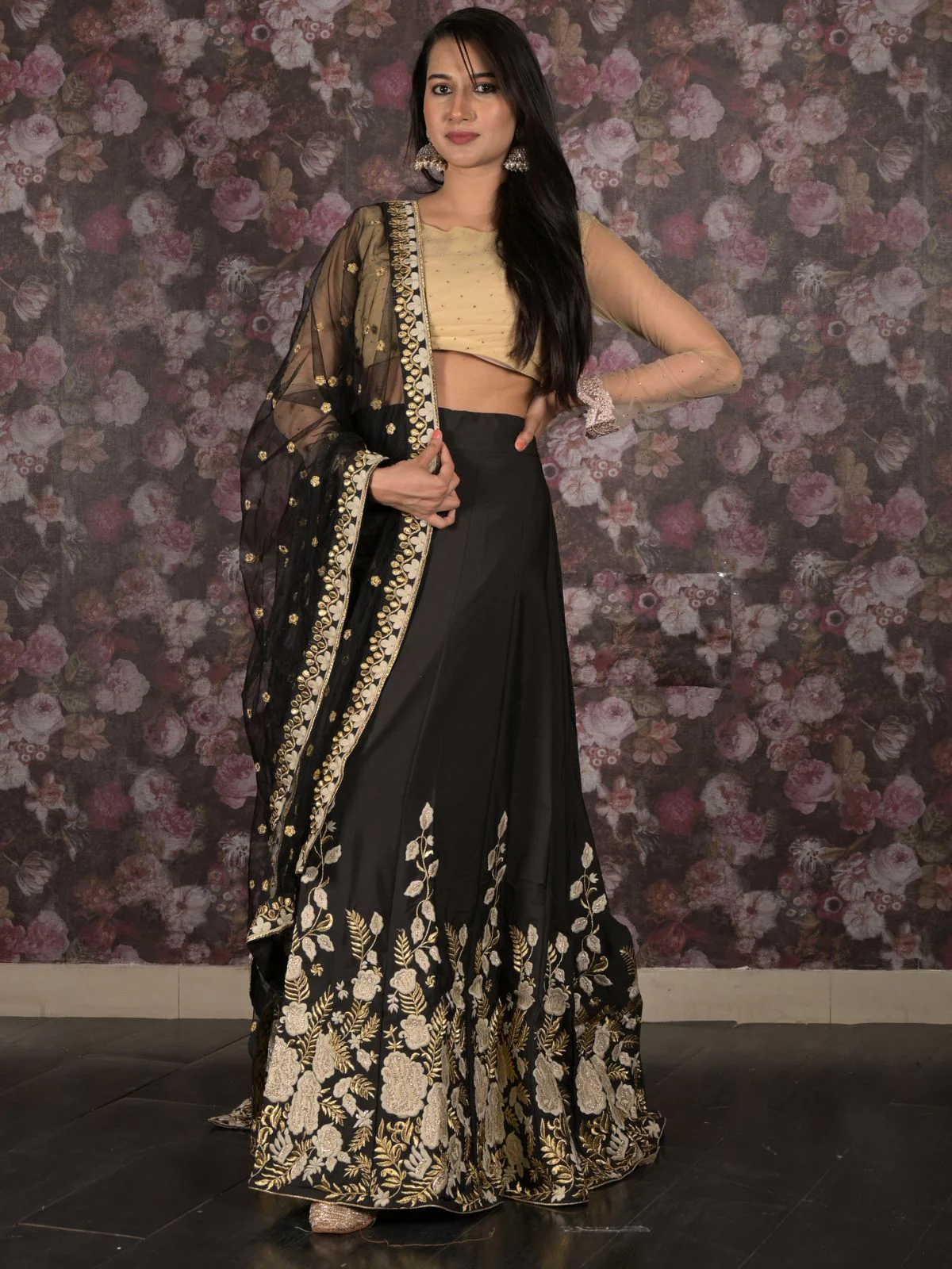 Odette Black Gold Thread Embroidered Semi-Stitched Polyester Lehenga with Unstitched Blouse for Women - Image 3