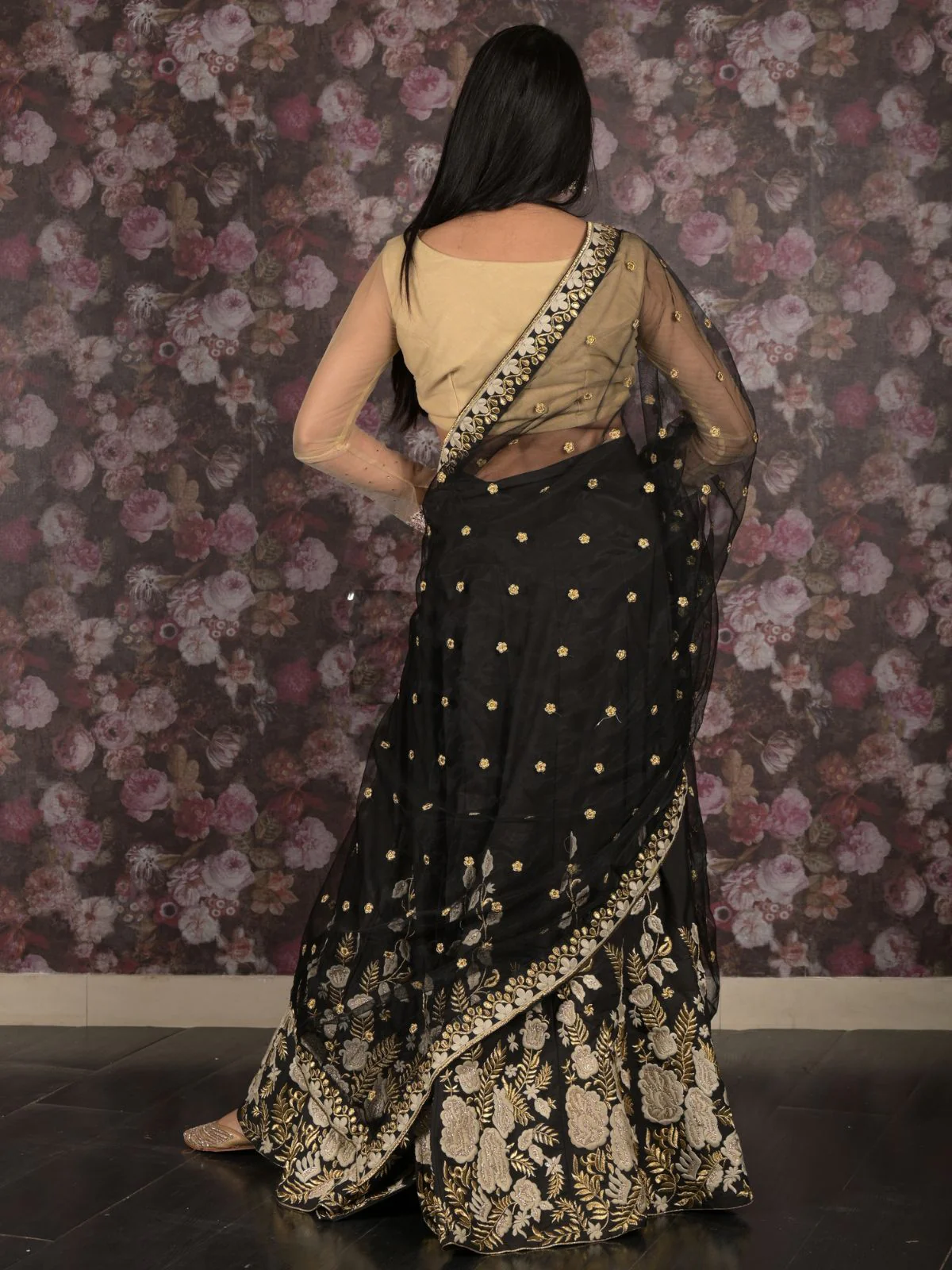 Odette Black Gold Thread Embroidered Semi-Stitched Polyester Lehenga with Unstitched Blouse for Women - Image 4