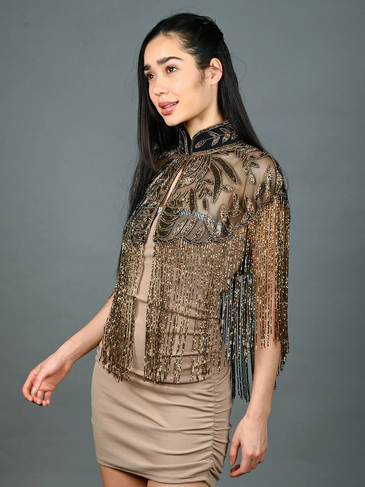 Odette Black & Golden Net Embellished Cape For Women - Image 3