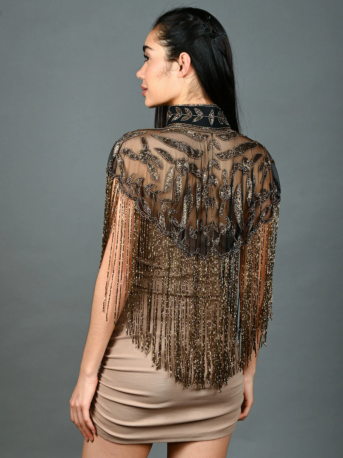 Odette Black & Golden Net Embellished Cape For Women - Image 4