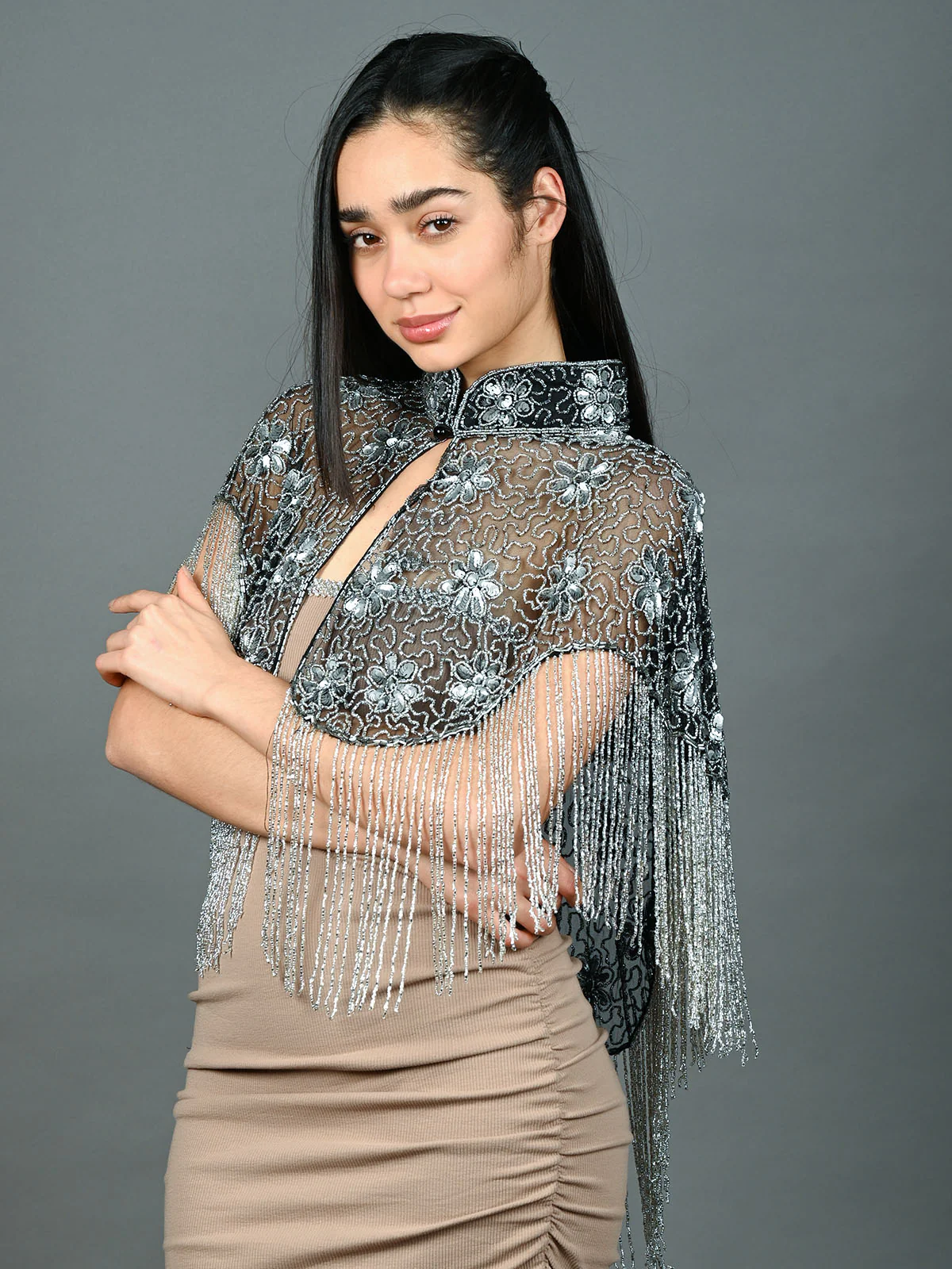 Odette Black & Grey Net Embellished Cape For Women - Image 3
