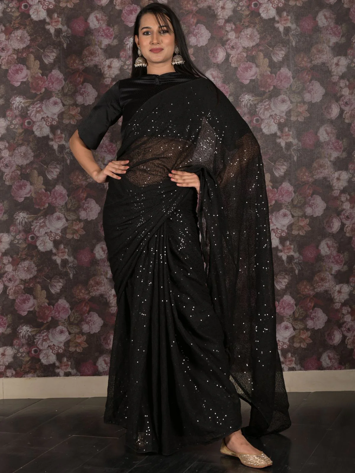 Odette Black Heavy Sequins Embroidered Georgette Saree with Unstitched Blouse for Women - Image 3