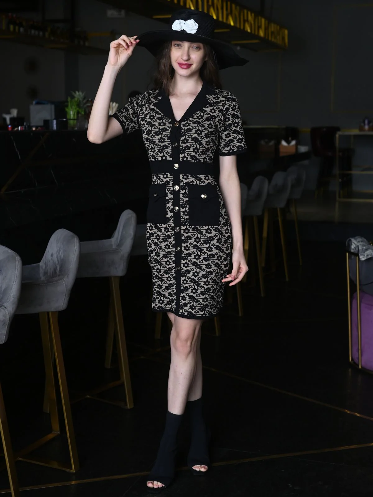 Odette Black Jacquard Rib Self Design Dress For Women - Image 2