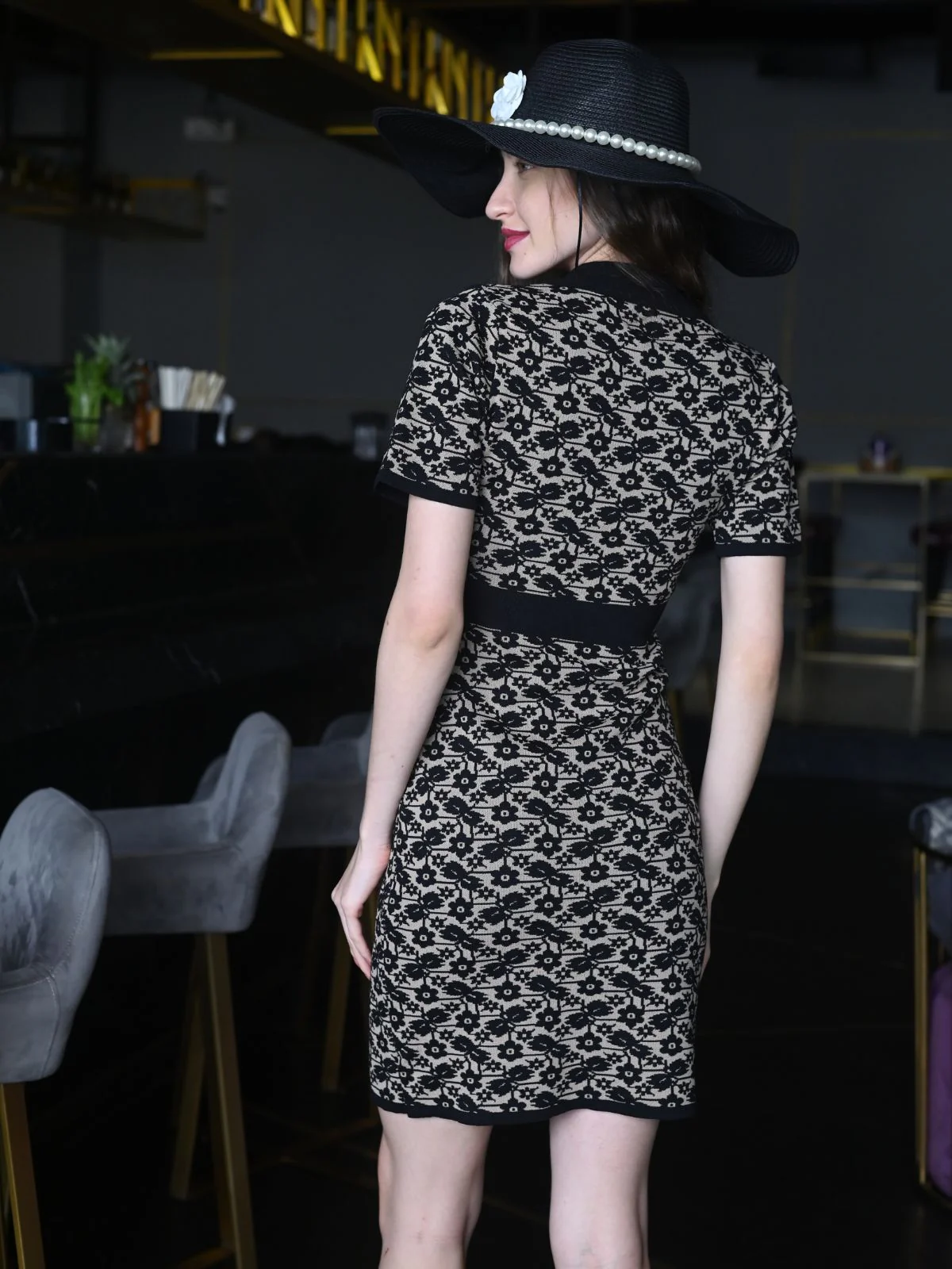 Odette Black Jacquard Rib Self Design Dress For Women - Image 5