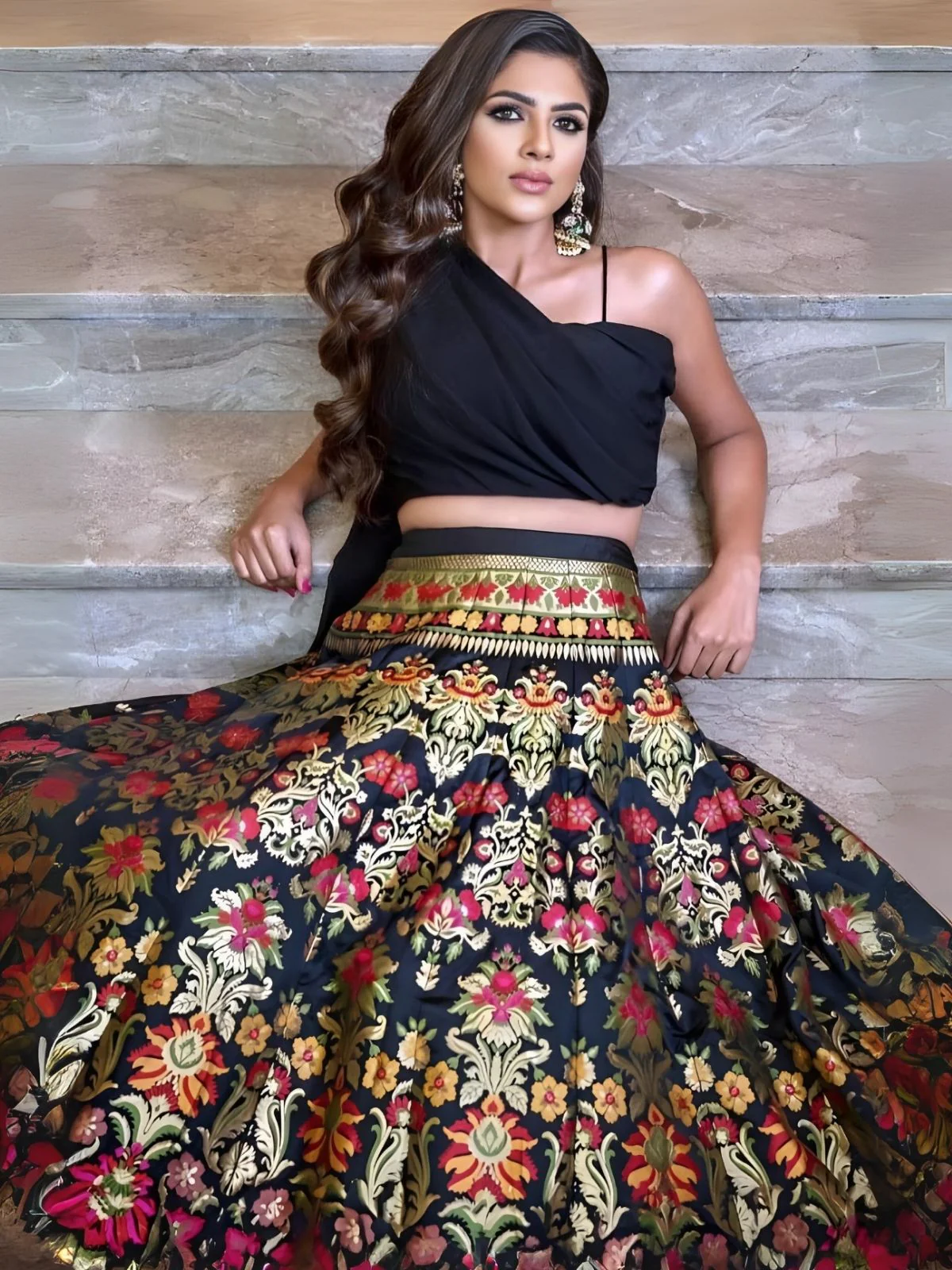 Odette Black Jacquard Silk Woven Semi-Stitched Lehenga For Women - Image 3