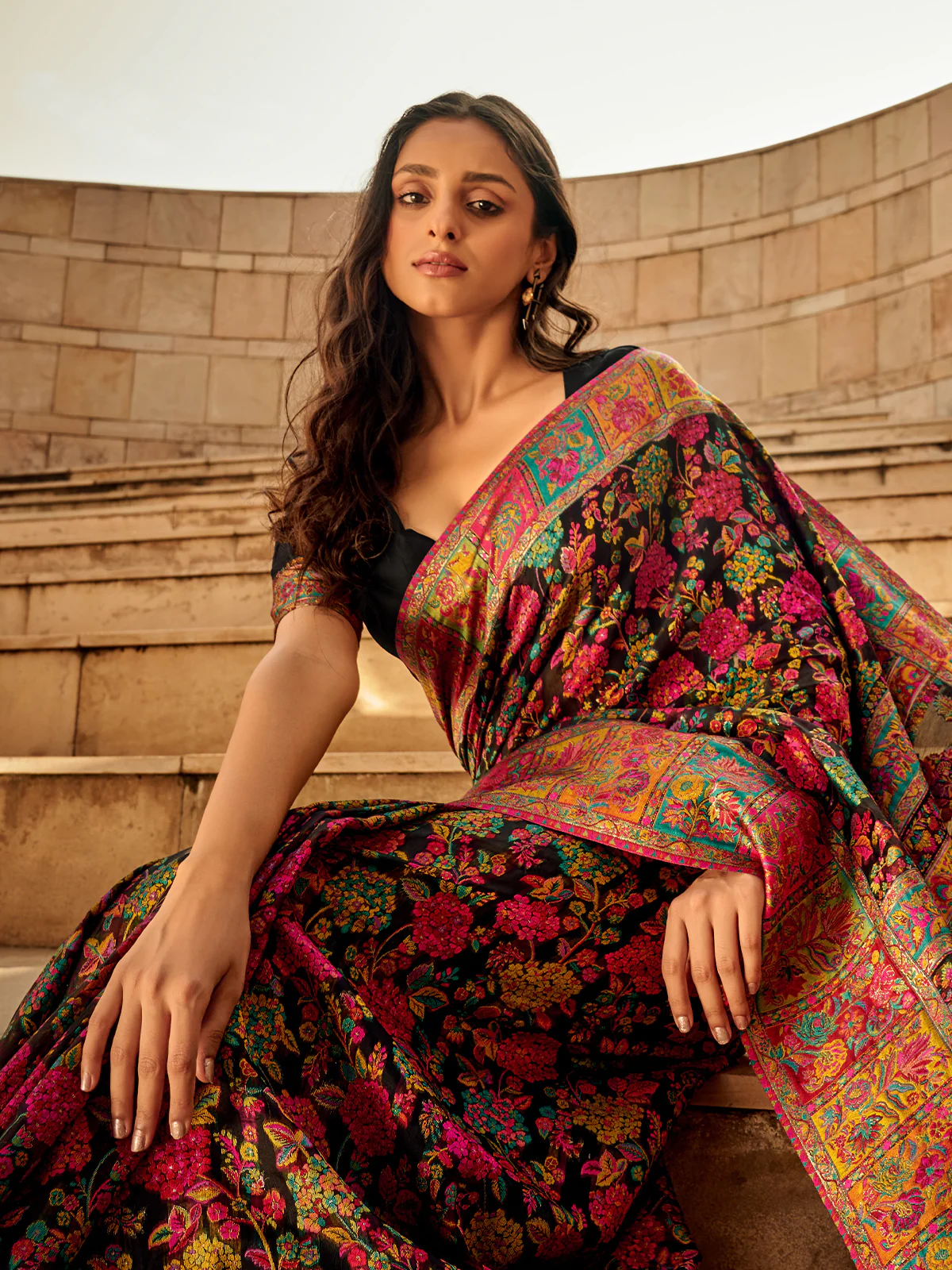 Odette Black Kashmiri Handloom Woven Saree For Women - Image 2