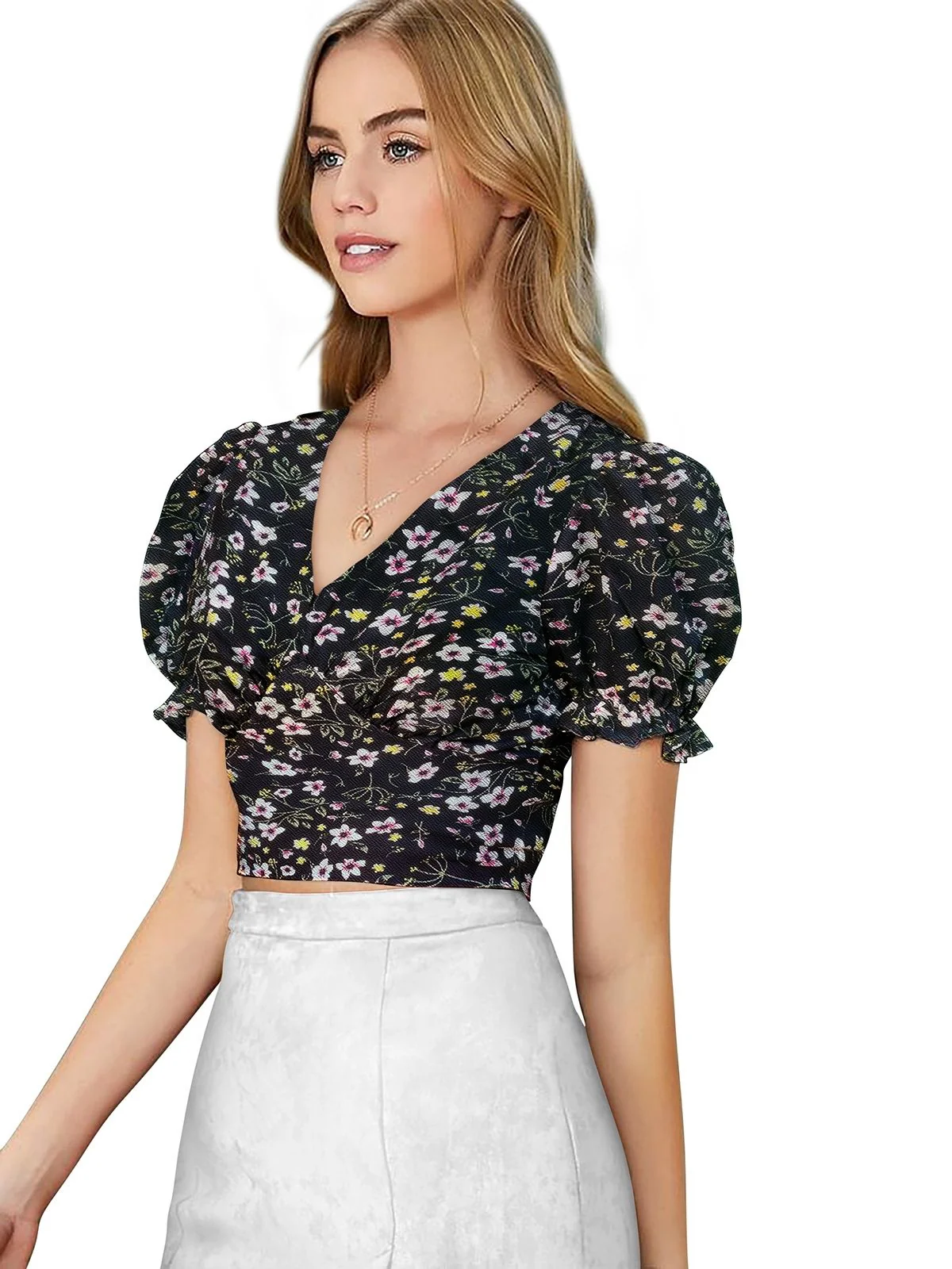 Odette Black Knit Printed Top For Women - Image 3
