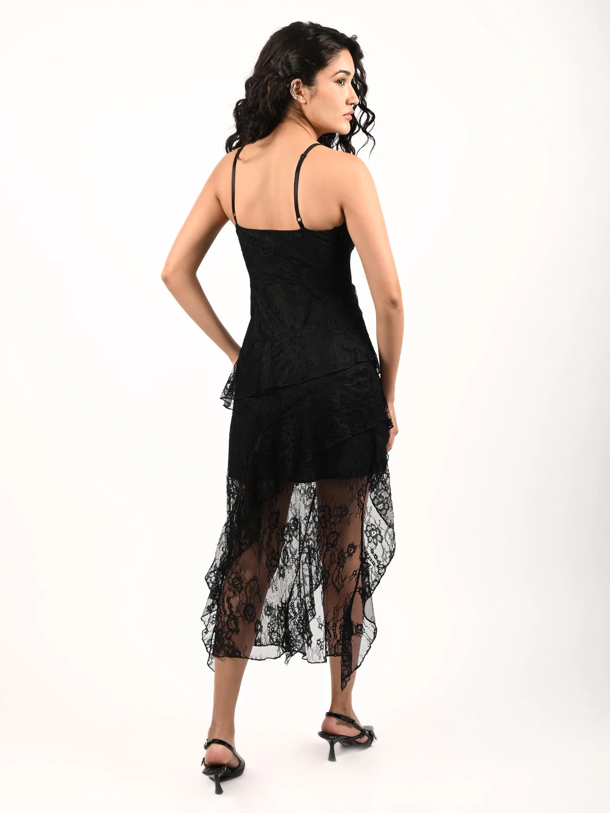 Odette Black Lace Net Ruffle Dress For Women - Image 3