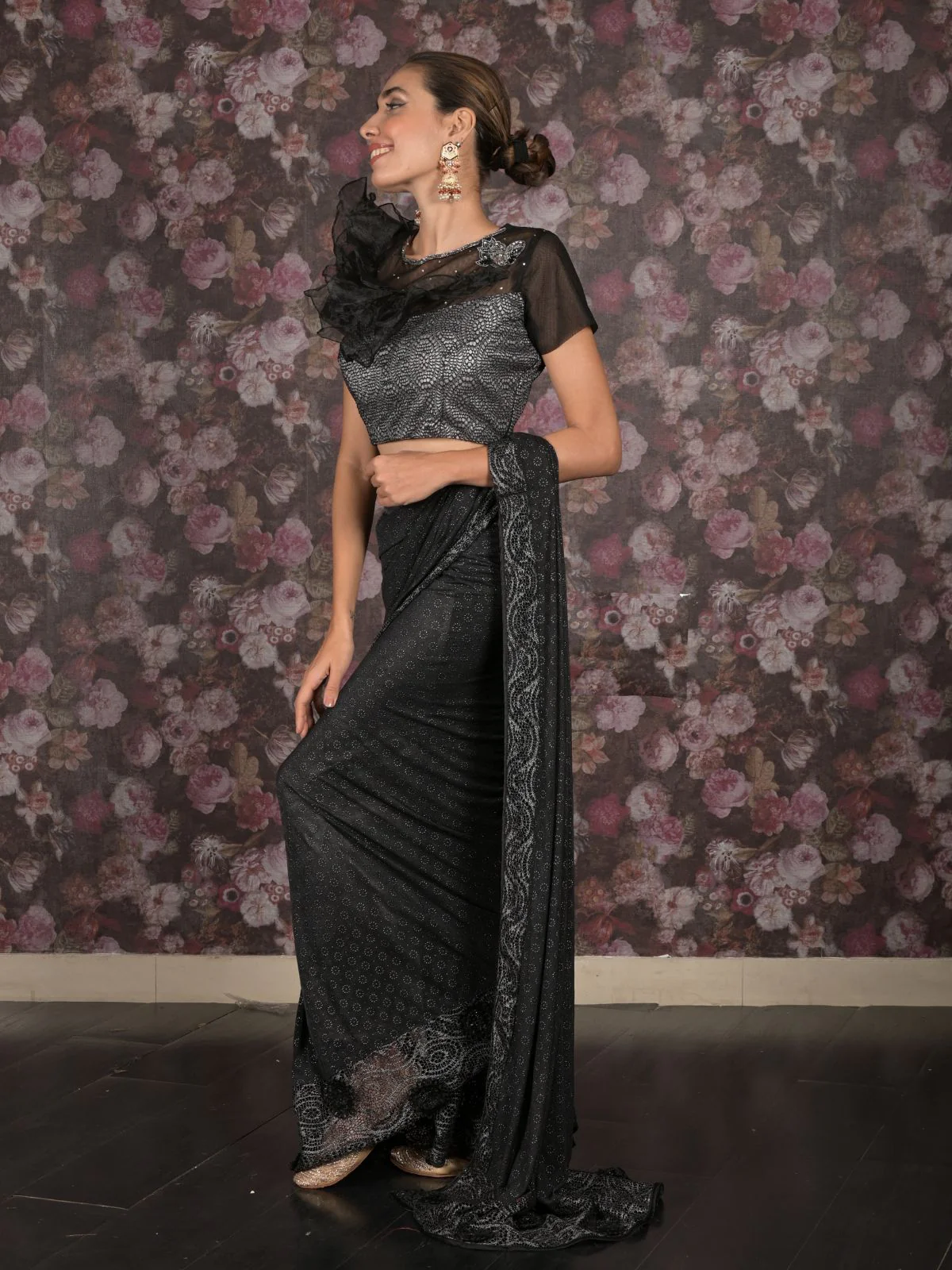 Odette Black Lycra Embellished Ready-To-Wear Saree With Stitched Blouse For Women - Image 3