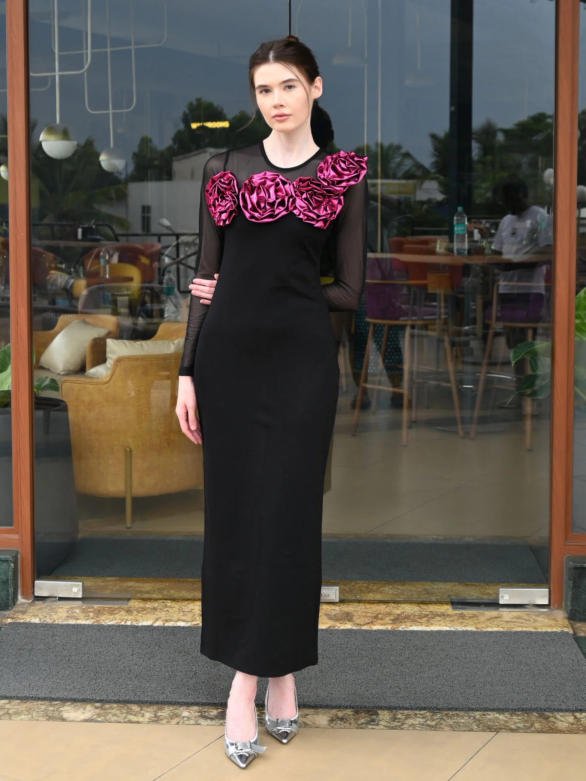 Odette Black Lycra Solid Dress For Women - Image 2
