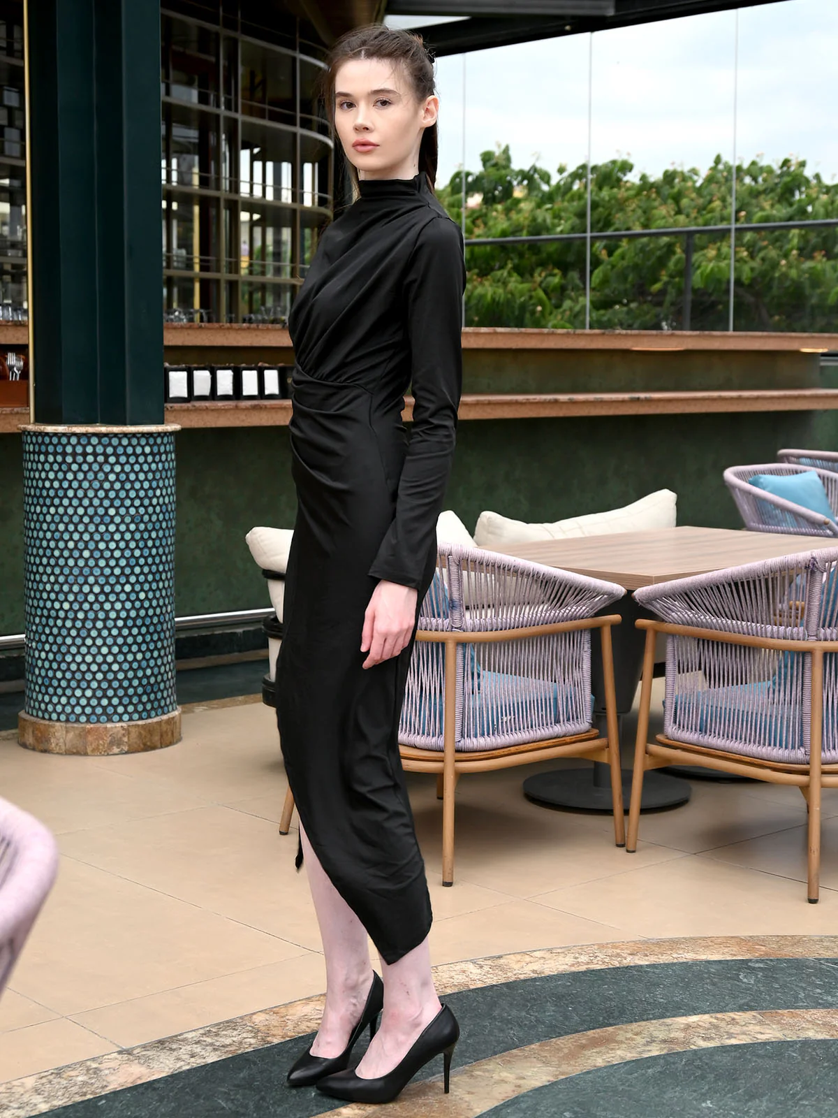 Odette Black Lycra Solid Dress For Women - Image 3