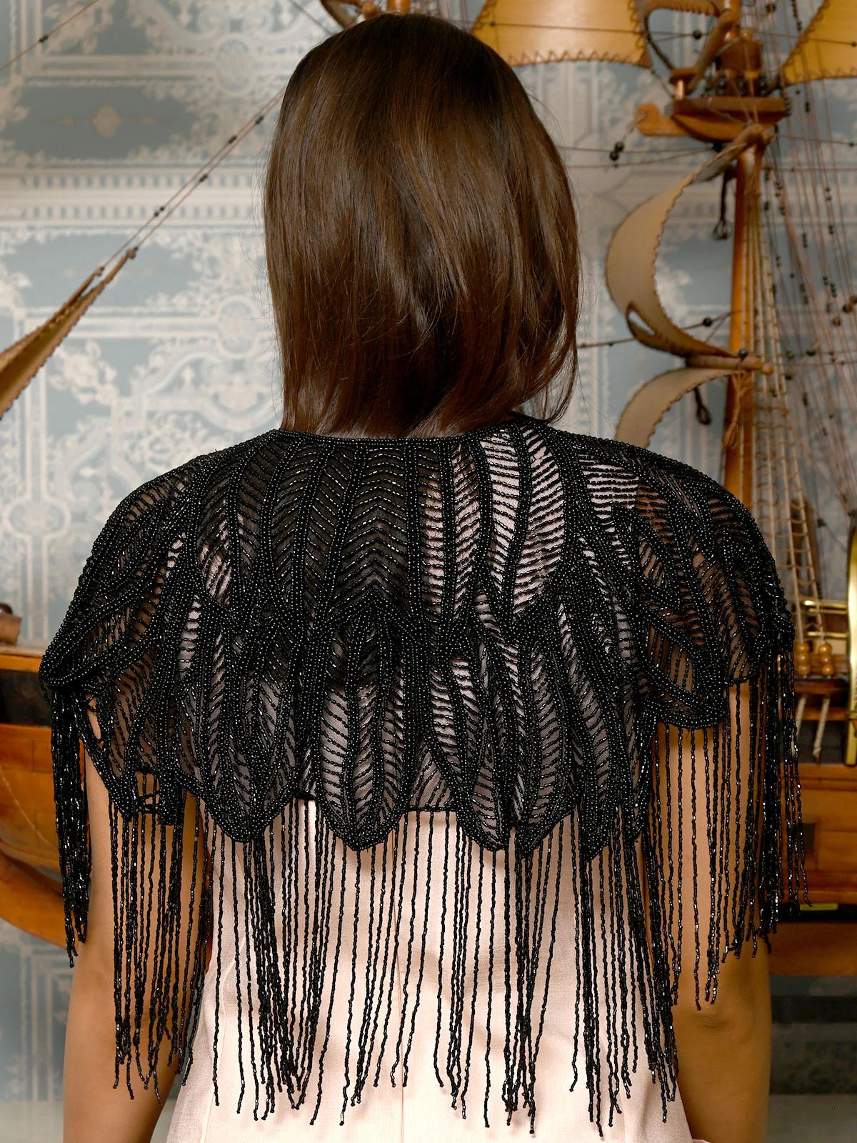 Odette Black Net All Beads Embroidered Cape for Women - Image 3