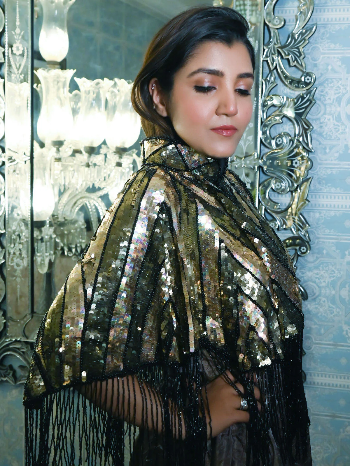 Odette Black And Gold Net Beads Sequins Tasseled Cape For Women - Image 3