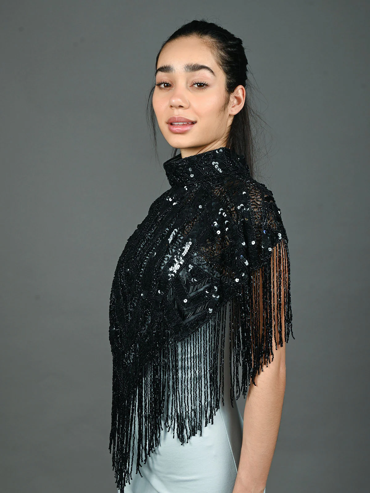 Odette Black Net Embellished Cape For Women - Image 3