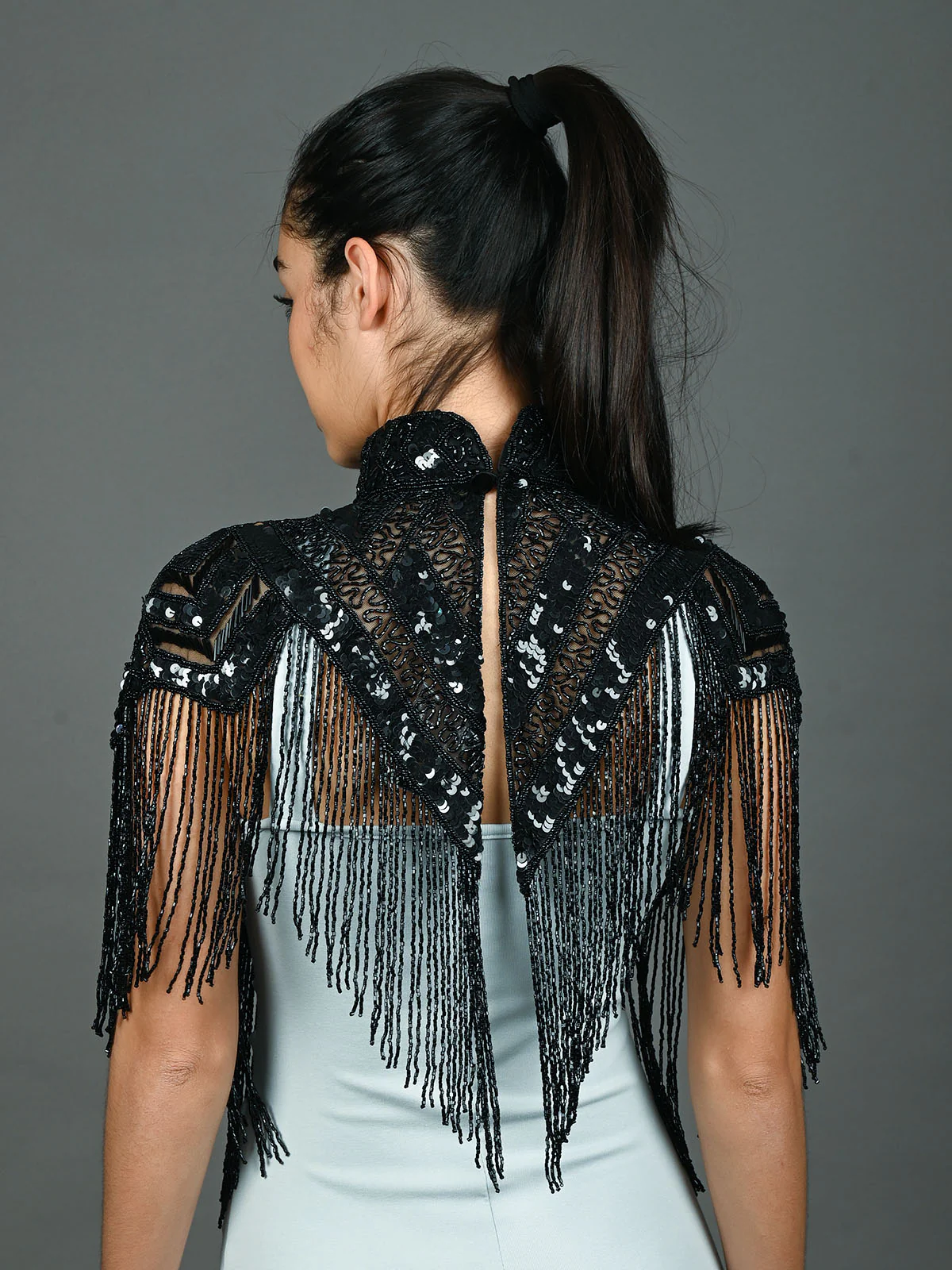 Odette Black Net Embellished Cape For Women - Image 4