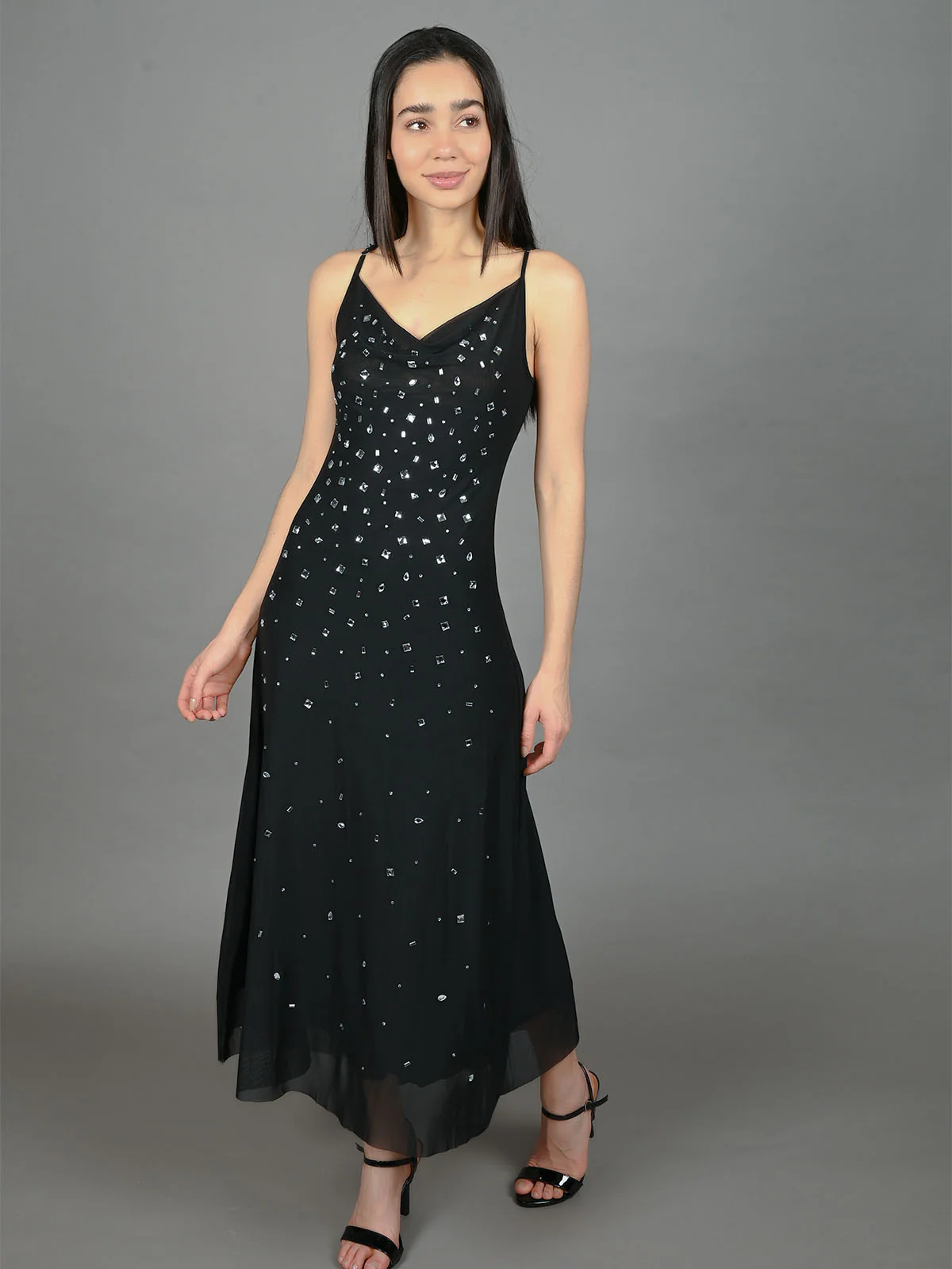 Odette Black Net Embellished Dress For Women - Image 2
