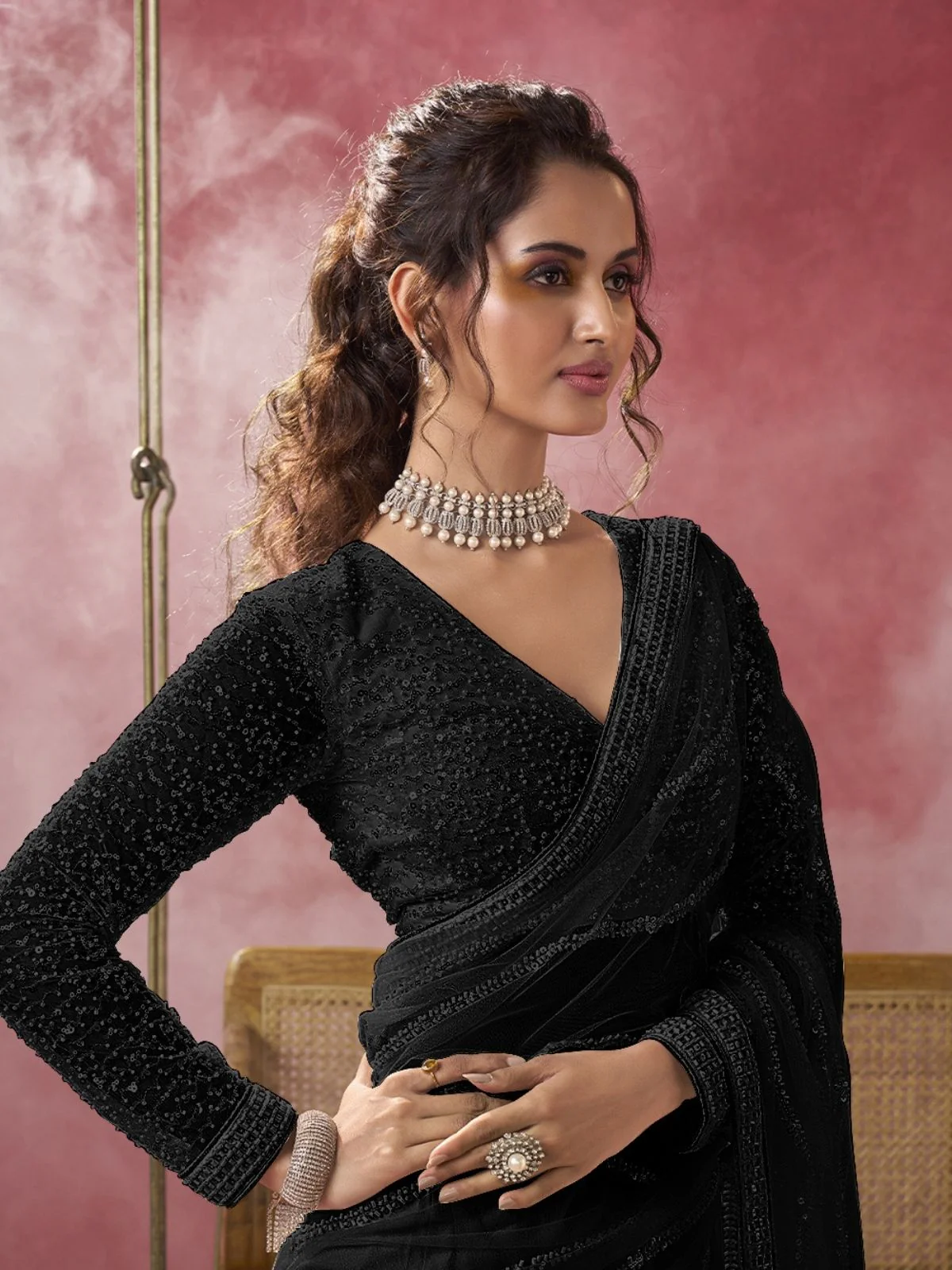 Odette Black Net Embellished Elegant Saree For Women - Image 2