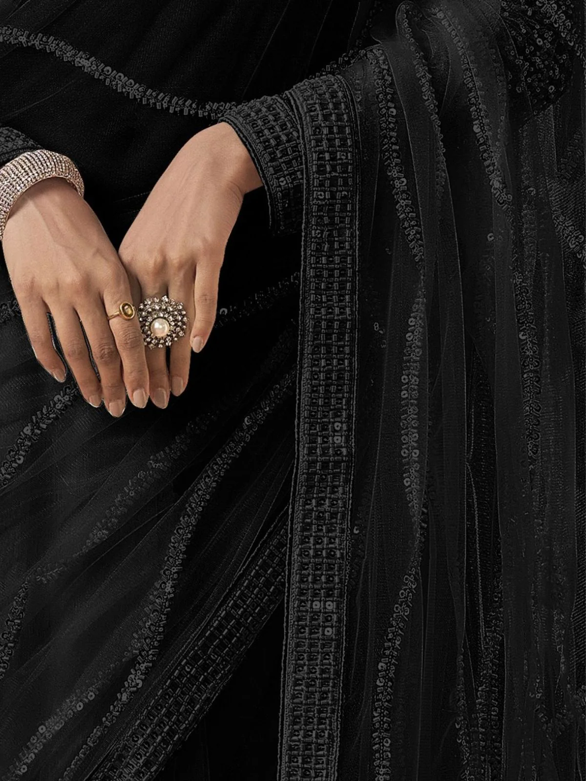 Odette Black Net Embellished Elegant Saree For Women - Image 3