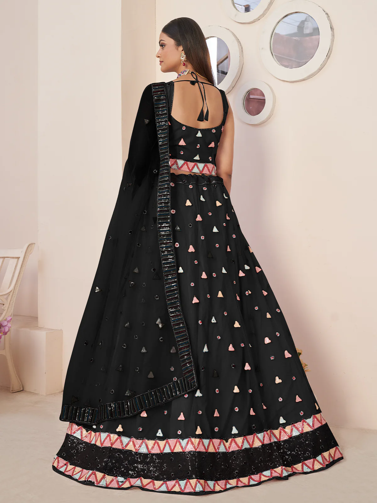 Odette Black Net Embellished Semi Stitched Lehenga With Unstitched Blouse for Women - Image 3