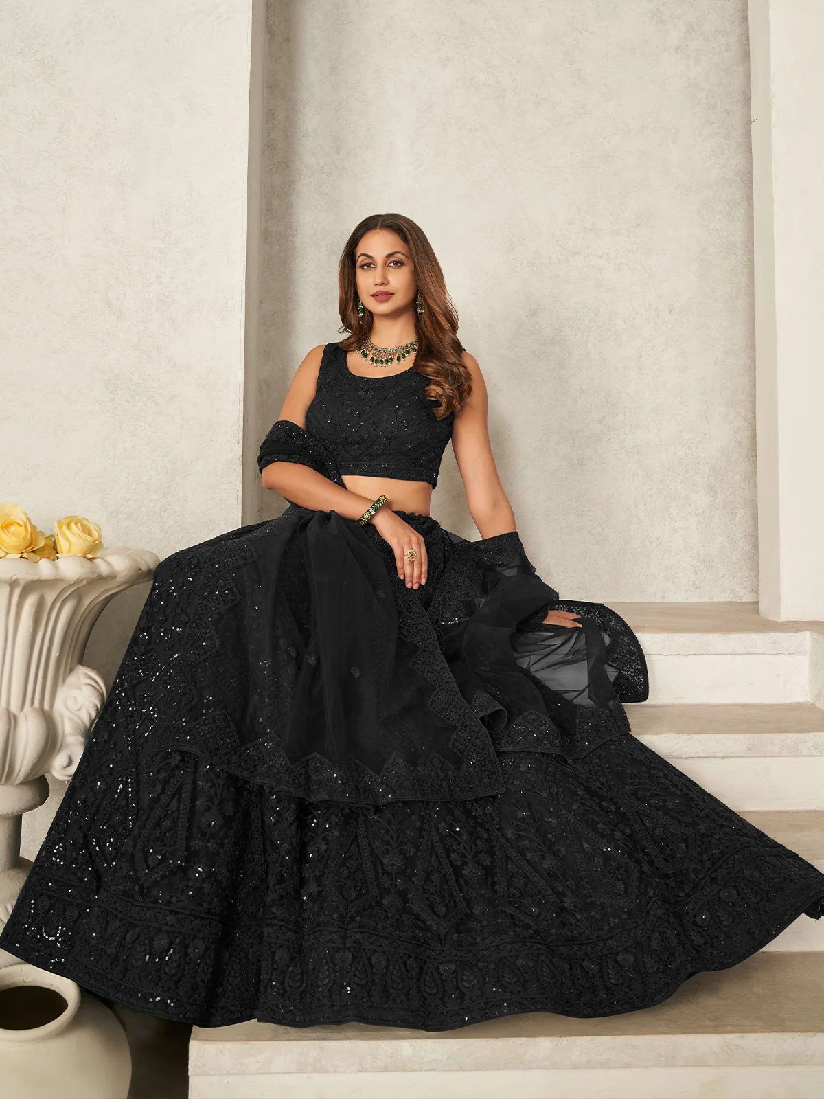 Odette Black Net Embellished Semi Stitched Lehenga With Unstitched Blouse for Women - Image 2
