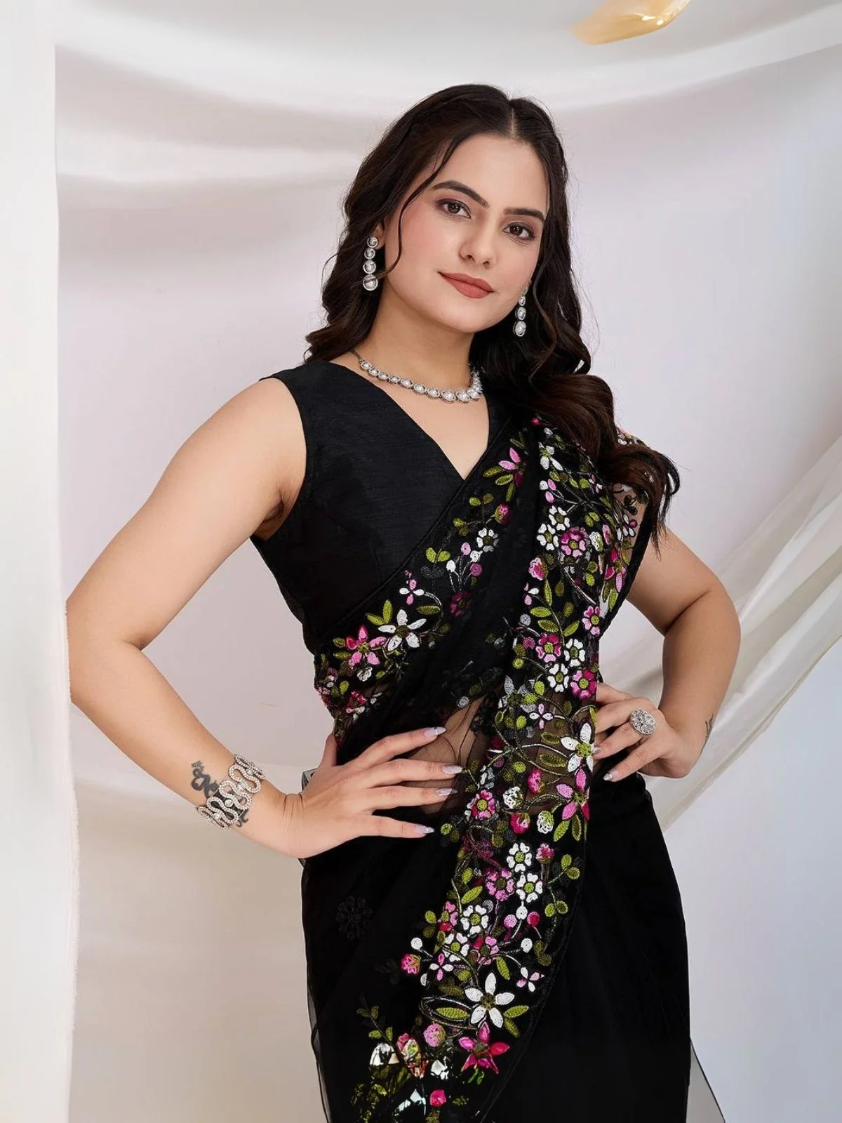 Odette Black Net Embroidered Elegant Saree For Women - Image 2