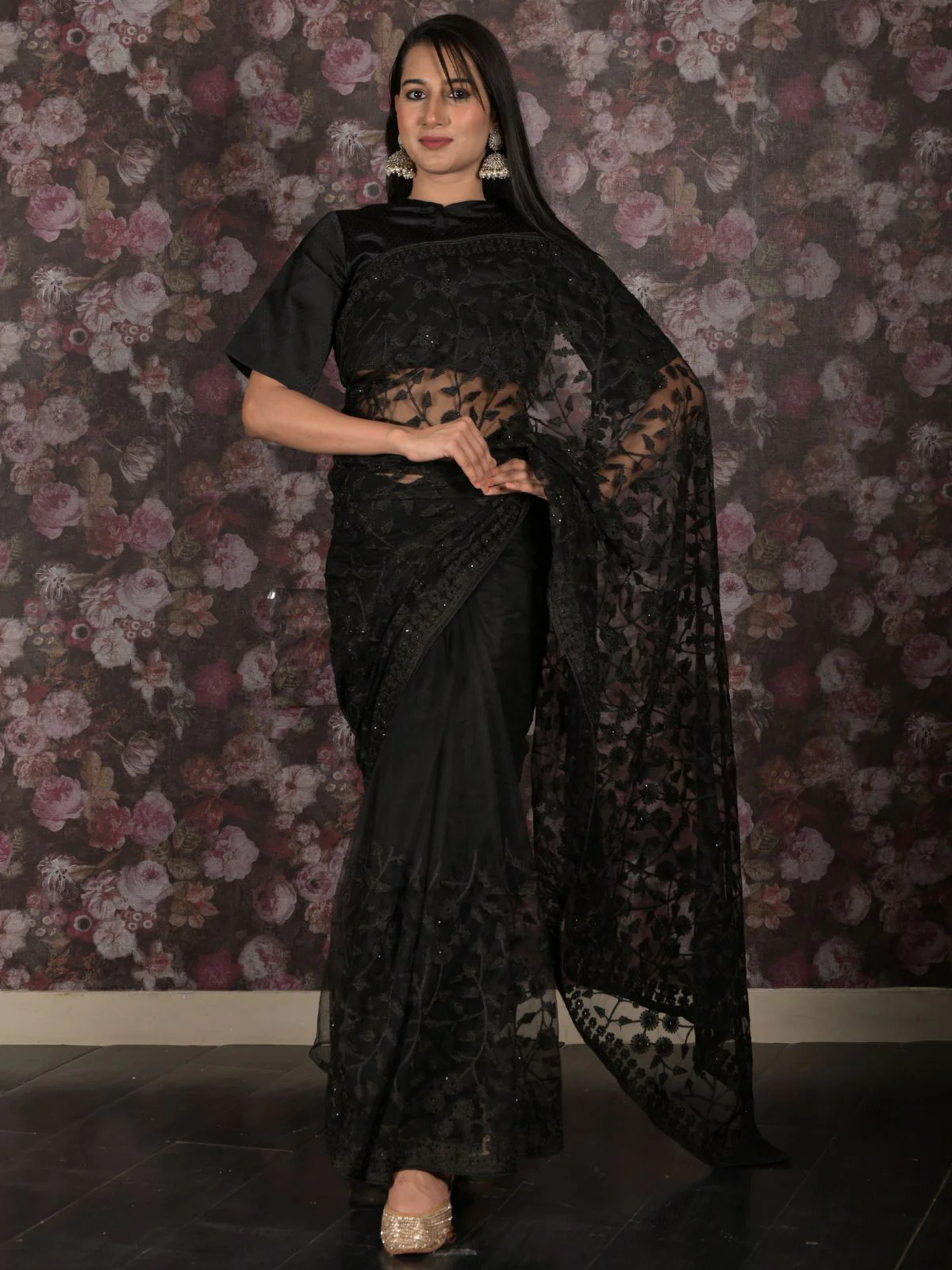 Odette Black Net Embroidered Saree With Unstitched Blouse For Women - Image 2