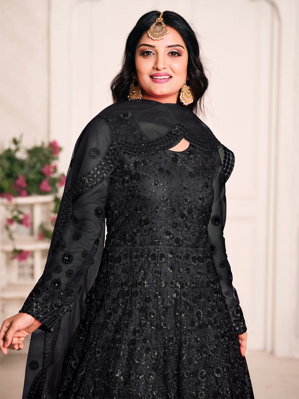 Odette Black Net Embroidered Semi stitched Kurta Set with Inner For Women - Image 3