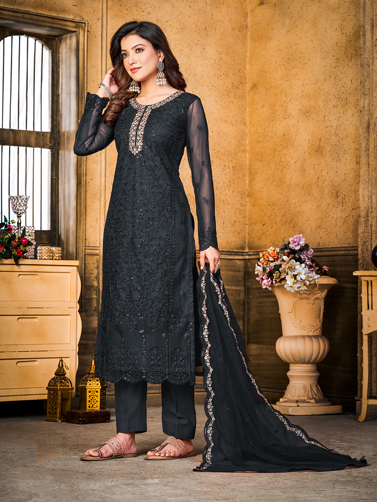 Odette Black Net Embroidered Semi stitched Kurta Set with Inner For Women - Image 2