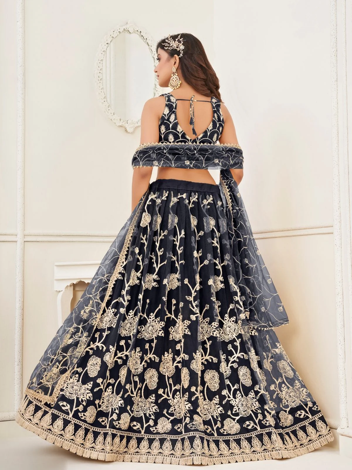 Odette Black Net Embroidered Semi Stitched Lehenga For Women - Image 3