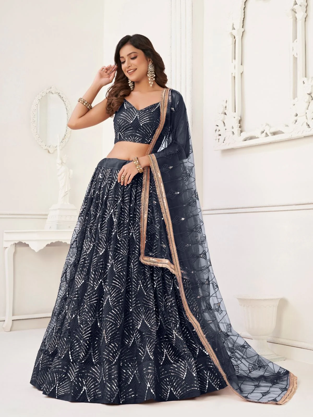Odette Black Net Embroidered Semi Stitched Lehenga For Women - Image 2