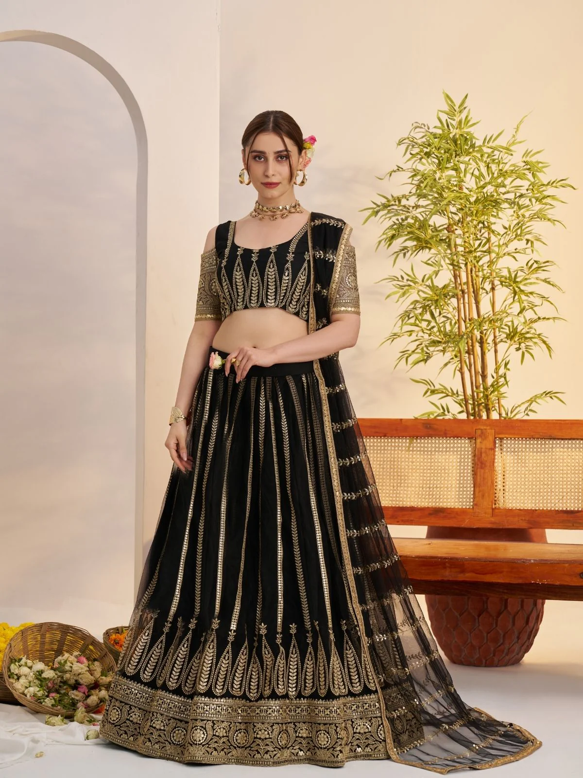 Odette Black Net Embroidered Semi Stitched Lehenga For Women - Image 2