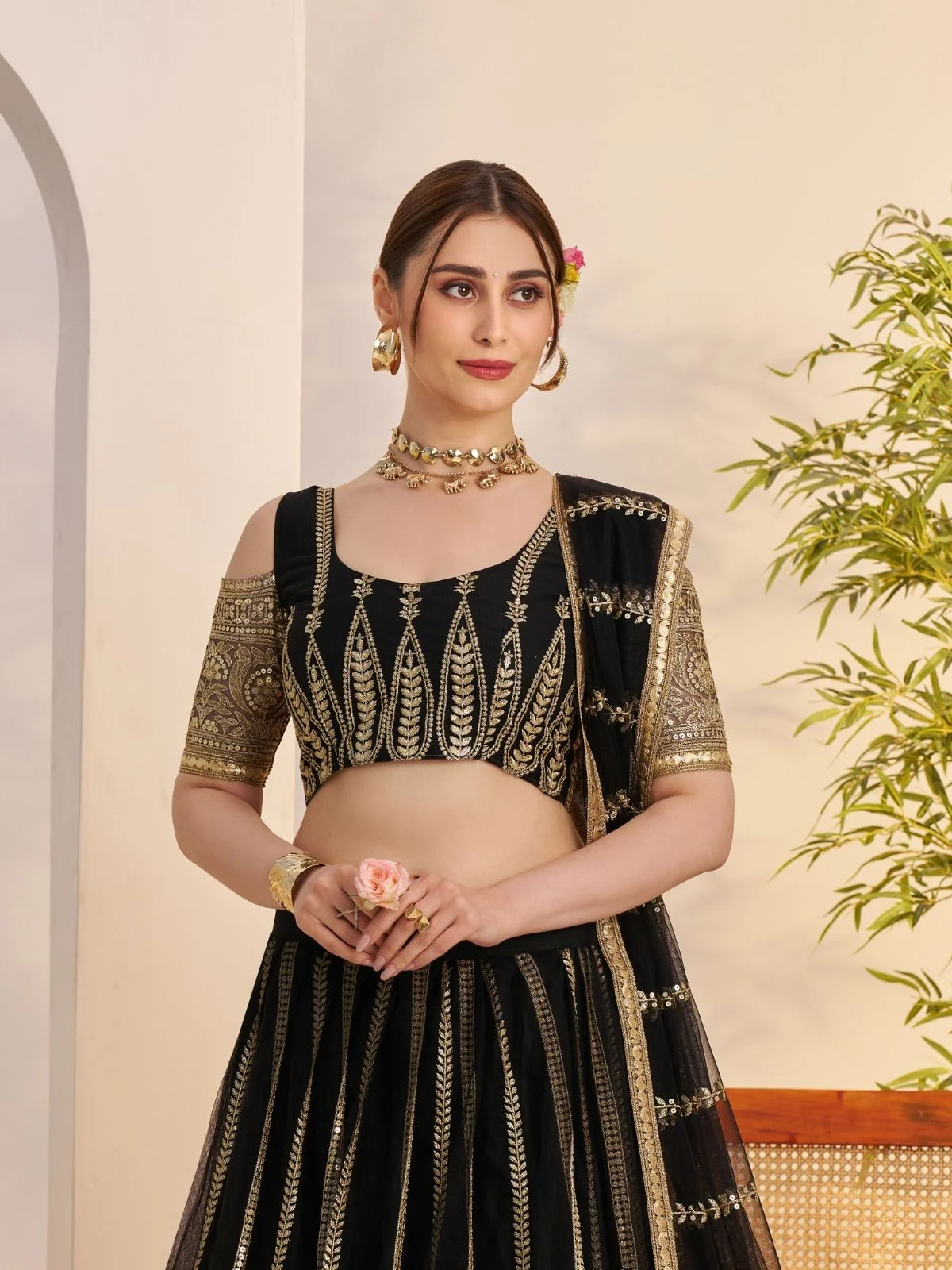Odette Black Net Embroidered Semi Stitched Lehenga For Women - Image 4