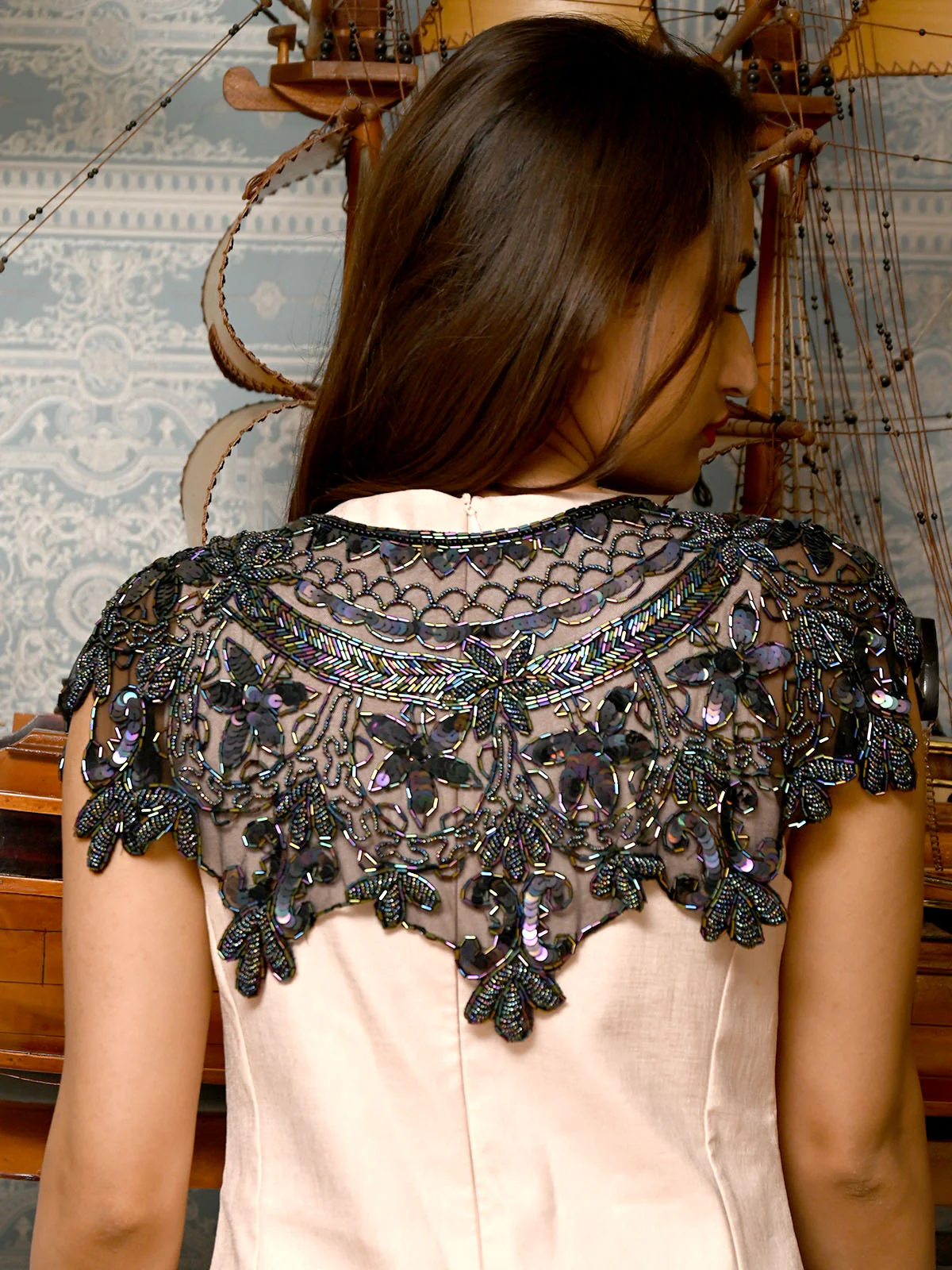 Odette Black Net Sequins and Beads Embroidered Cape for Women - Image 3