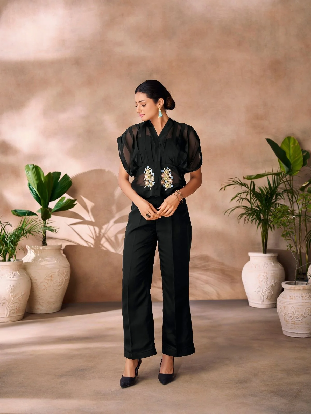 Odette Black Organza Embellished Co-Ord Set For Women - Image 3