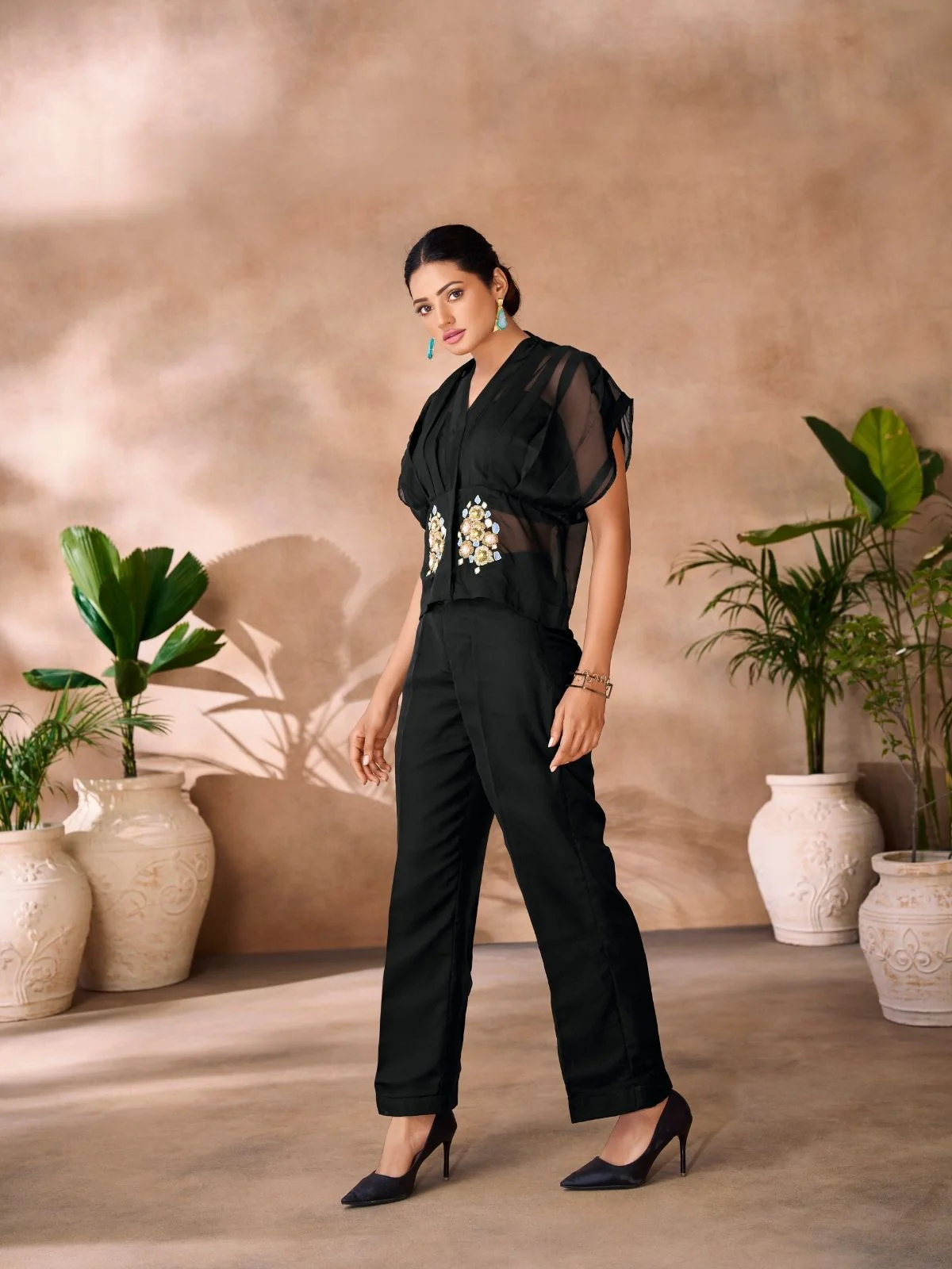 Odette Black Organza Embellished Co-Ord Set For Women - Image 4