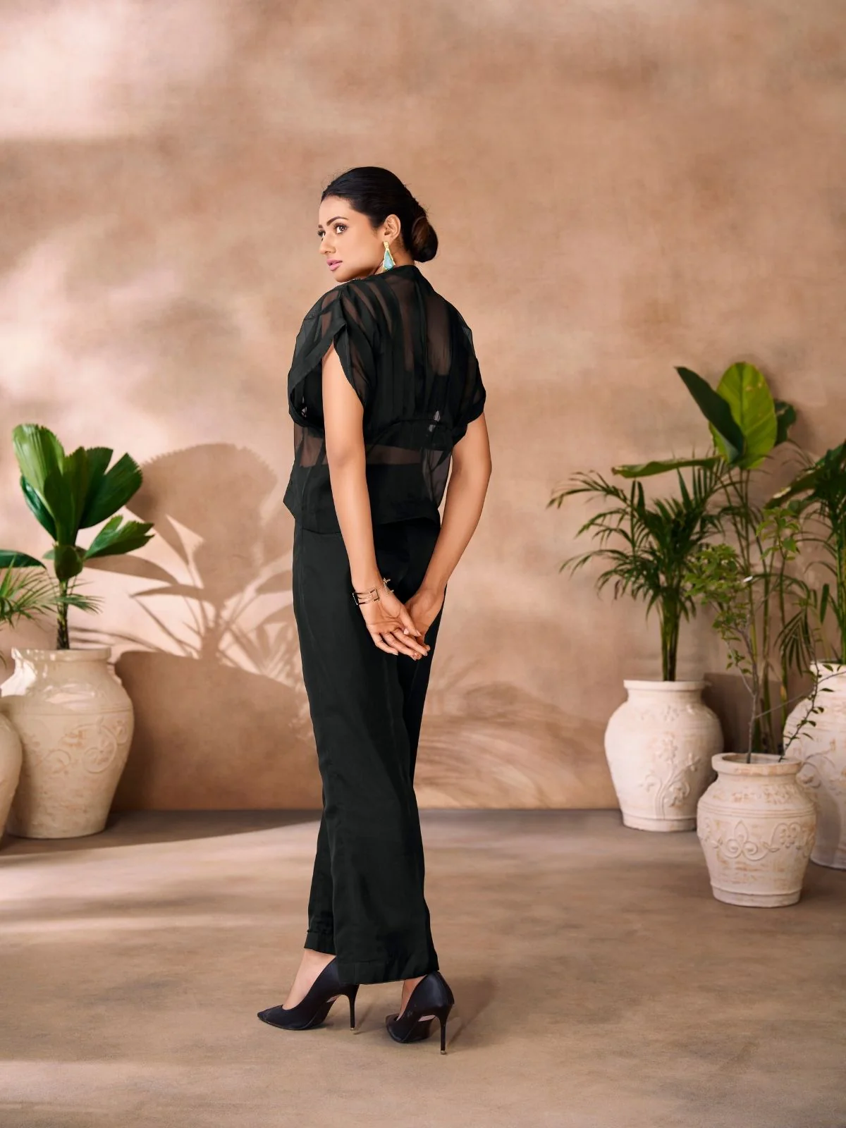 Odette Black Organza Embellished Co-Ord Set For Women - Image 5