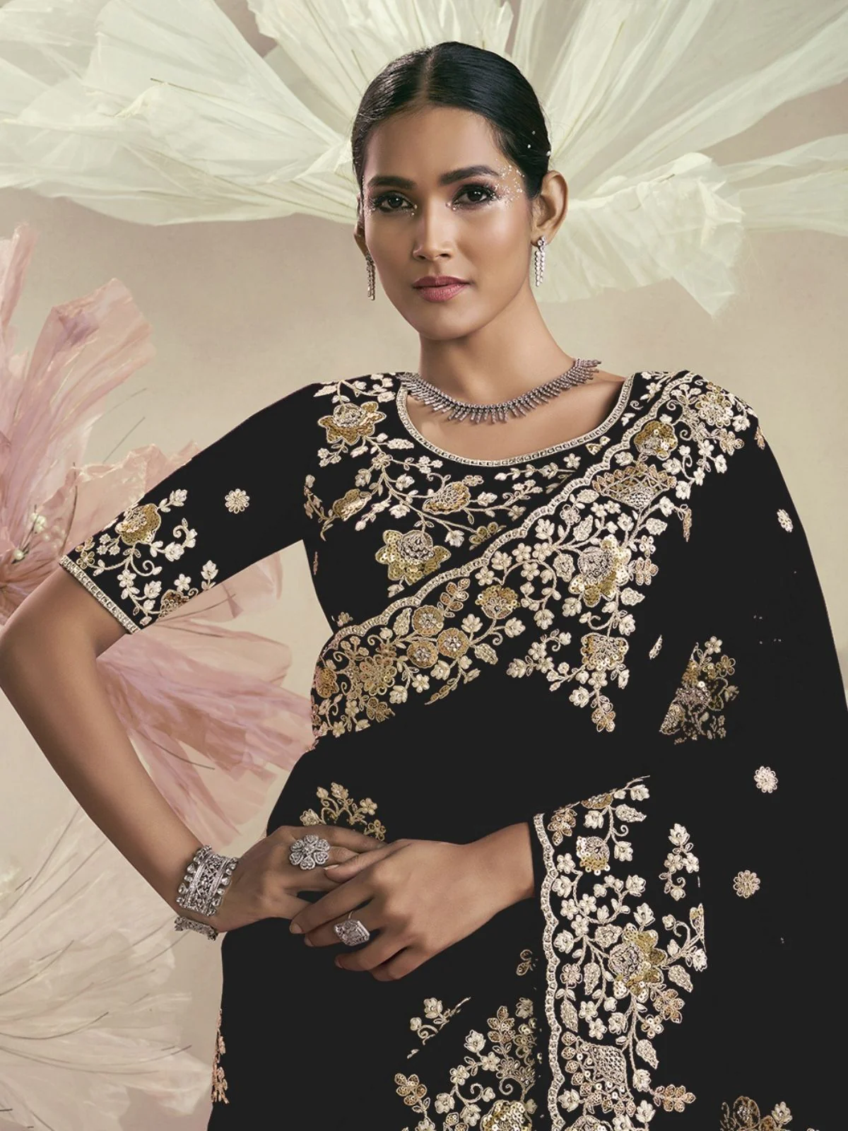 Odette Black Organza Embellished Elegant Saree For Women - Image 2